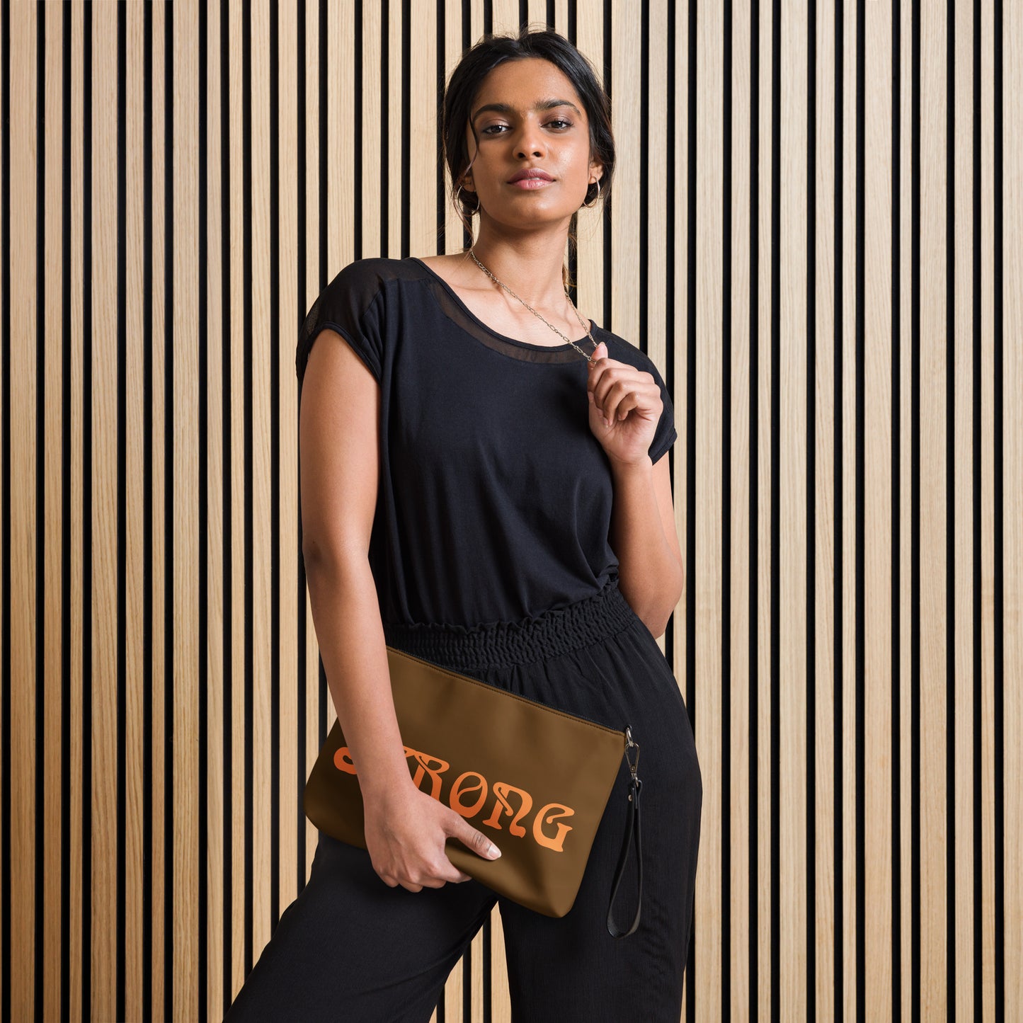 “STRONG”Brown Crossbody Bag W/Orange Font