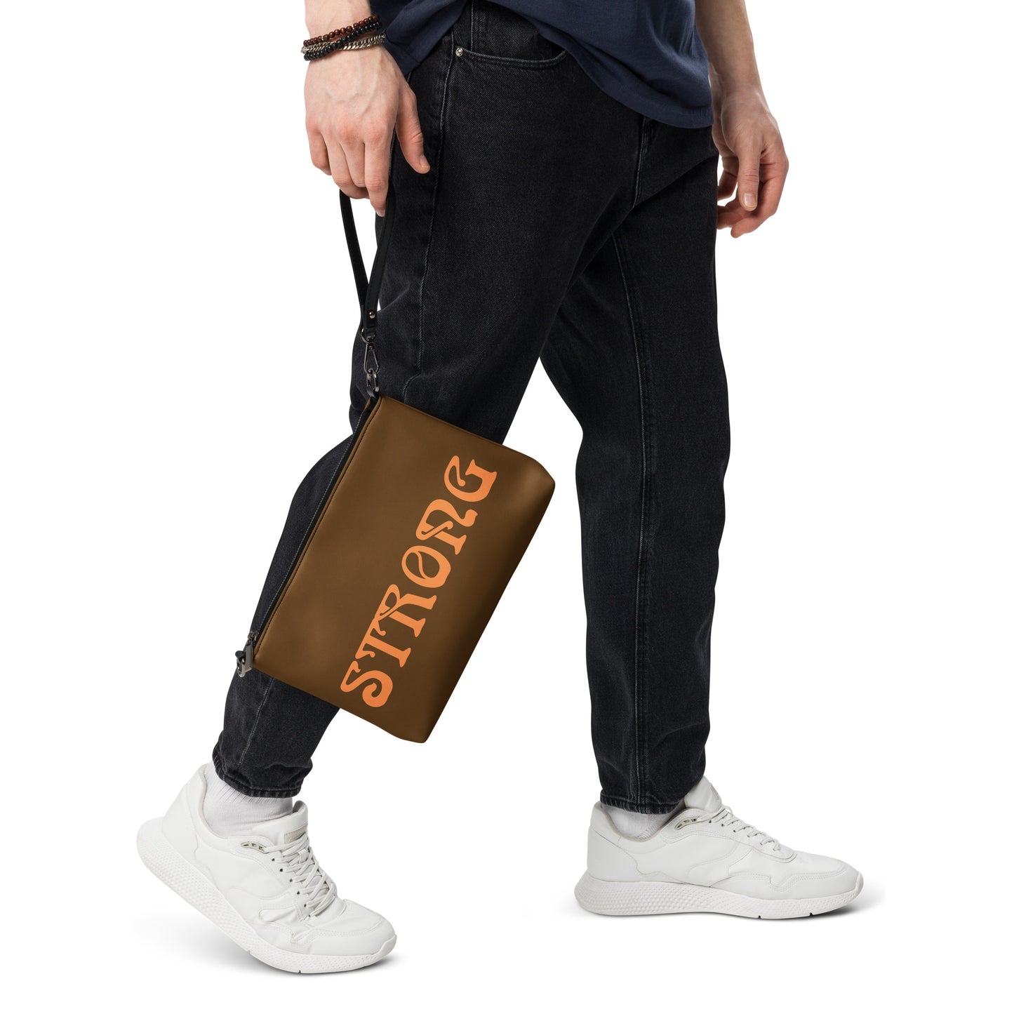 “STRONG”Brown Crossbody Bag W/Orange Font