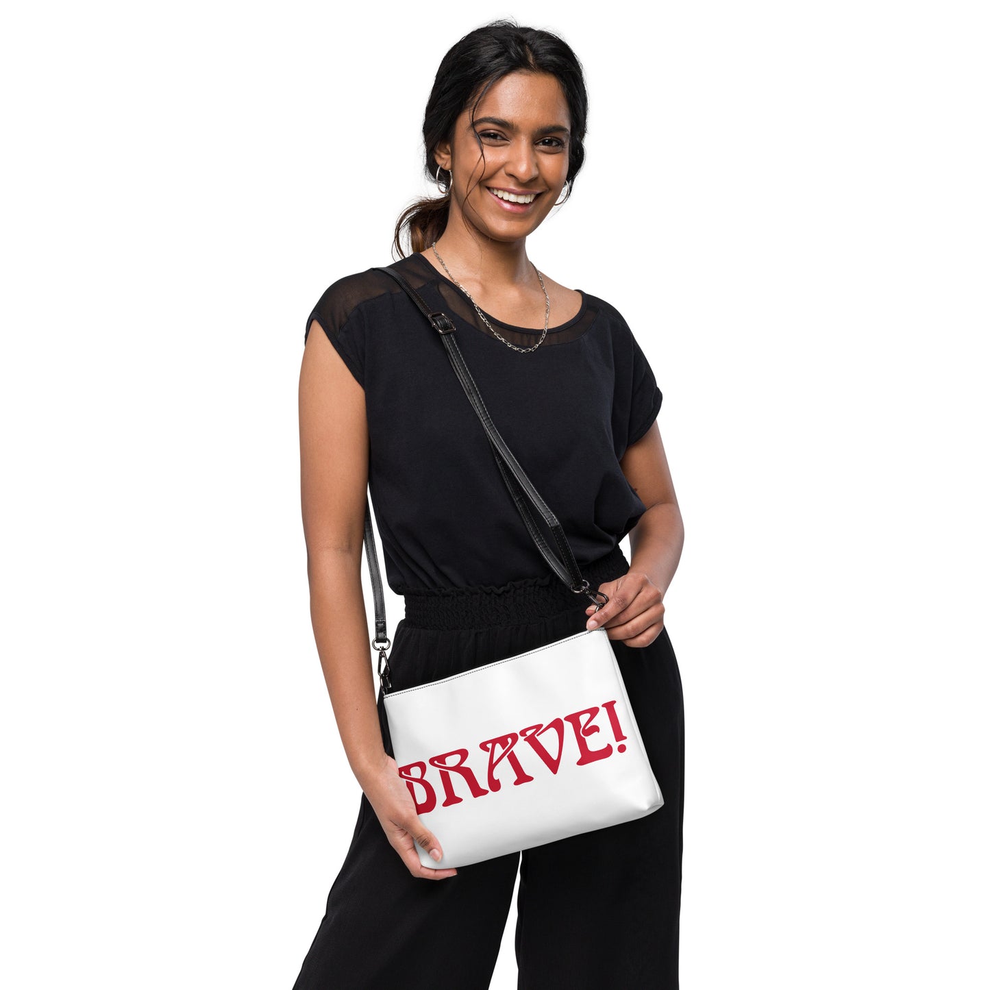 “BRAVE!”White Crossbody Bag W/Red Font