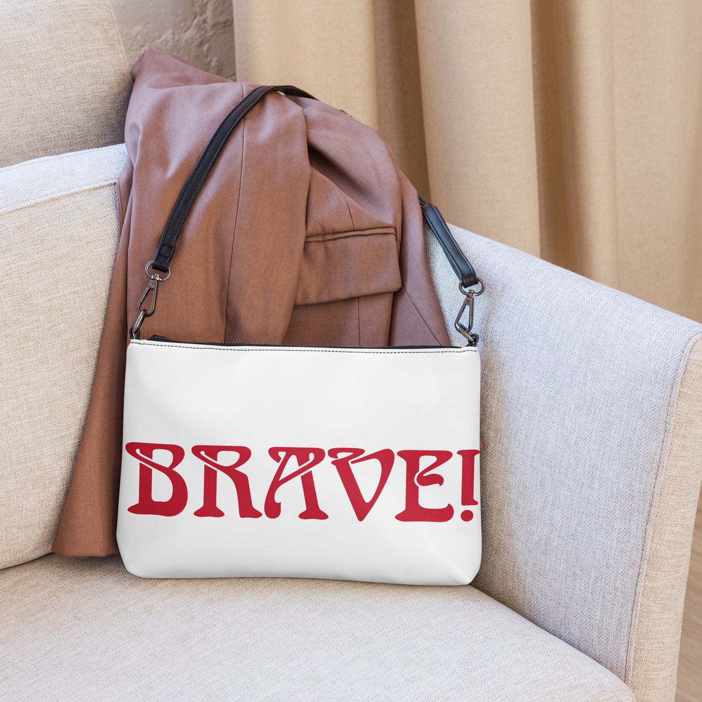 “BRAVE!”White Crossbody Bag W/Red Font