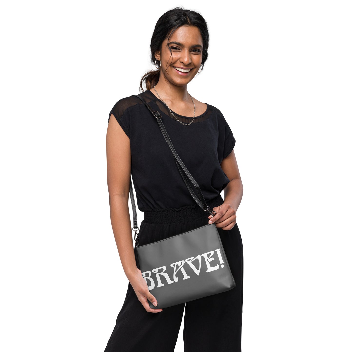 “BRAVE!”Grey Crossbody Bag W/White Font
