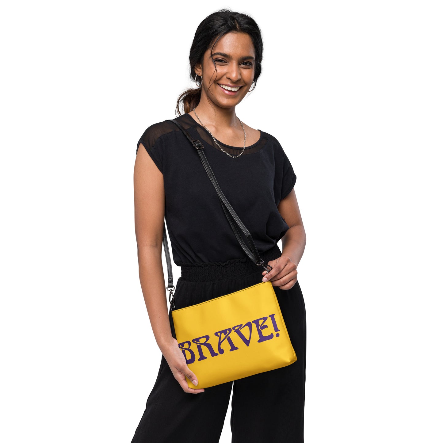“BRAVE!”Yellow Crossbody Bag W/ Purple Font