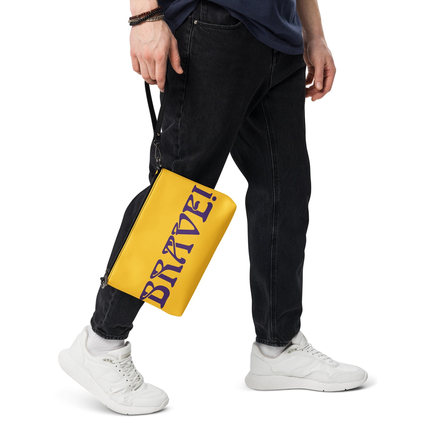 “BRAVE!”Yellow Crossbody Bag W/ Purple Font