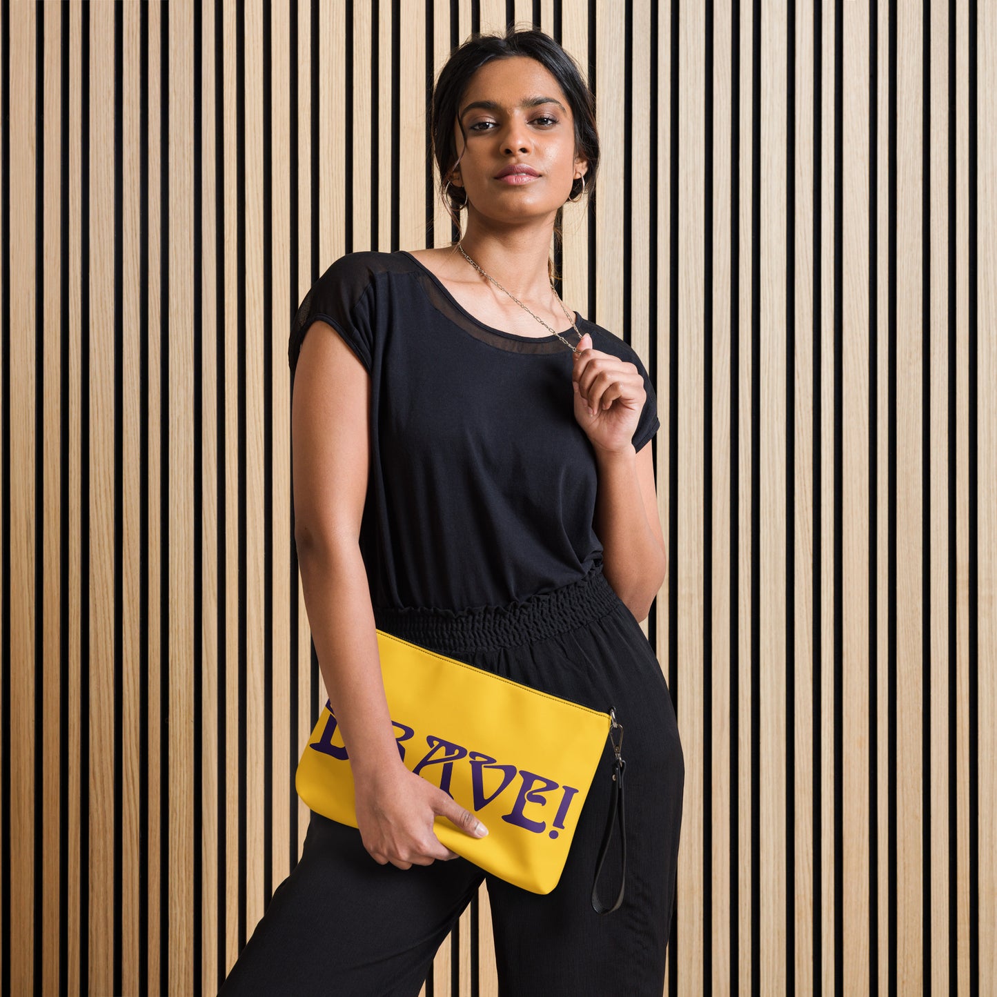 “BRAVE!”Yellow Crossbody Bag W/ Purple Font