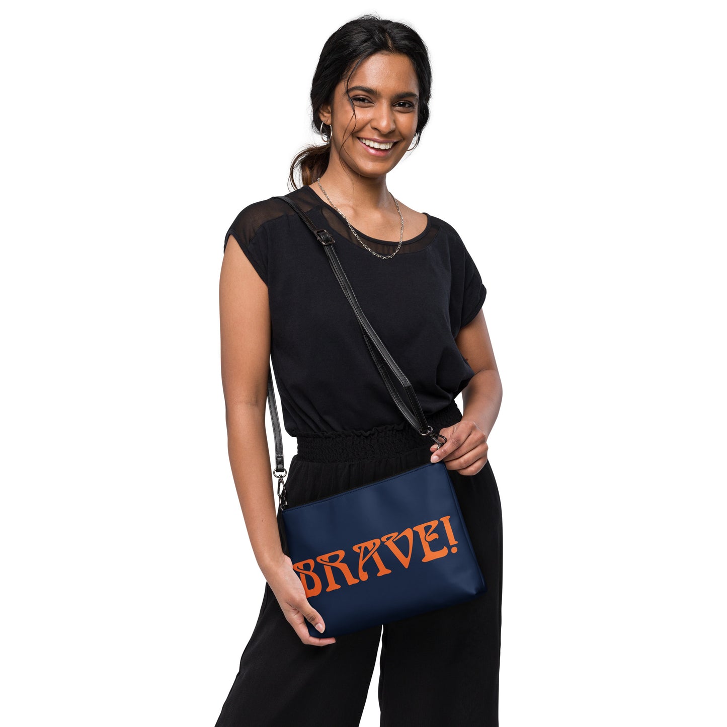 “BRAVE!”Navy Crossbody Bag W/Orange Font