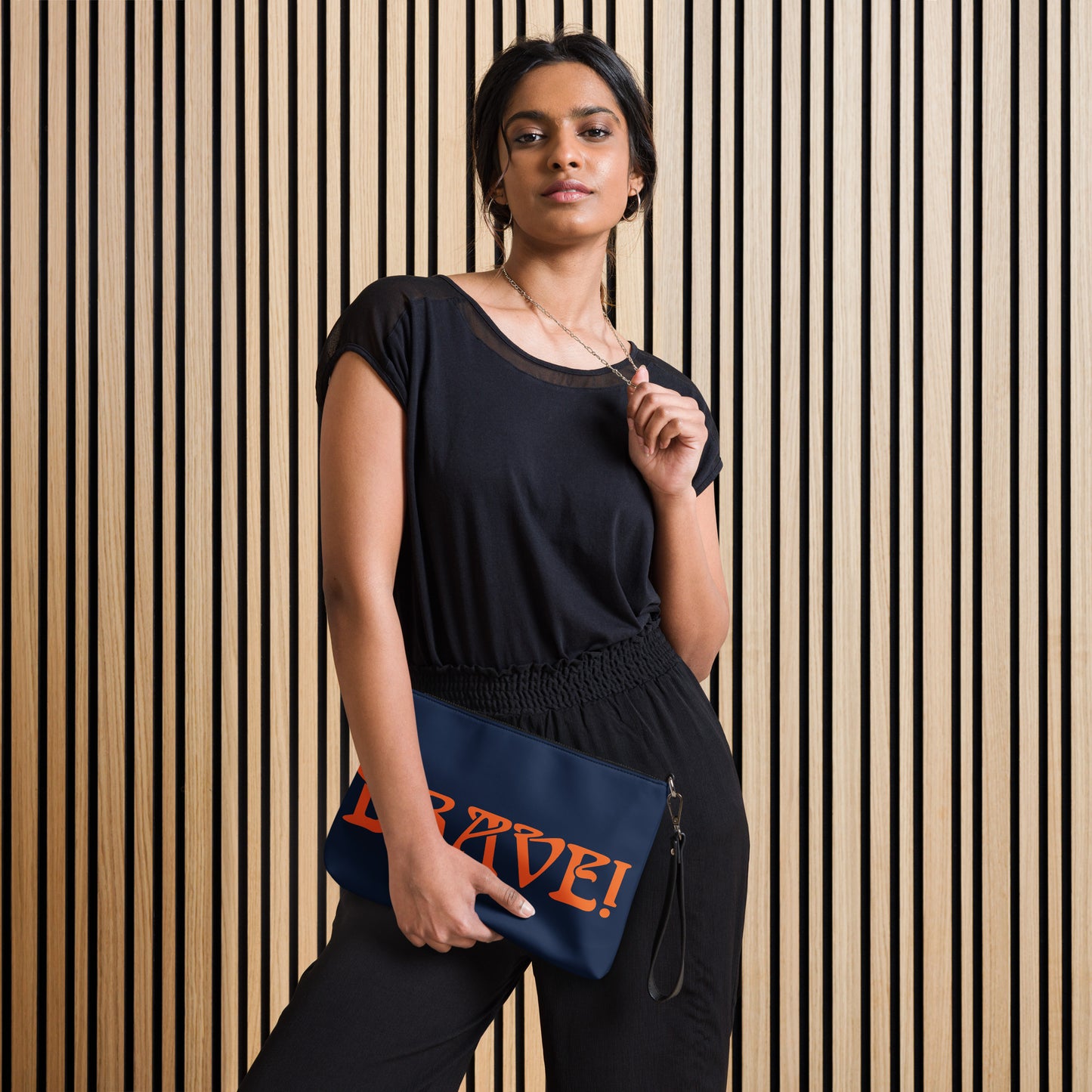 “BRAVE!”Navy Crossbody Bag W/Orange Font