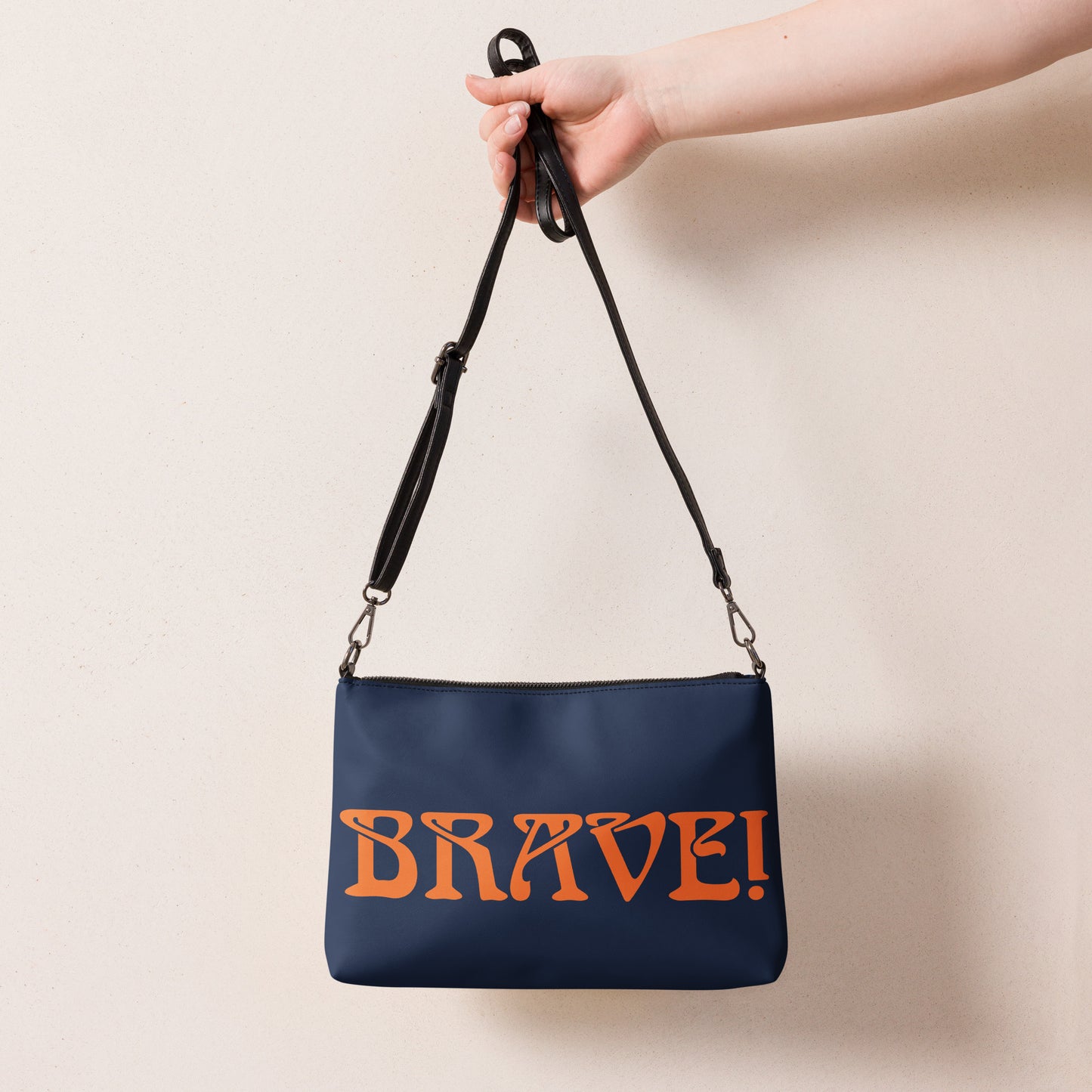 “BRAVE!”Navy Crossbody Bag W/Orange Font