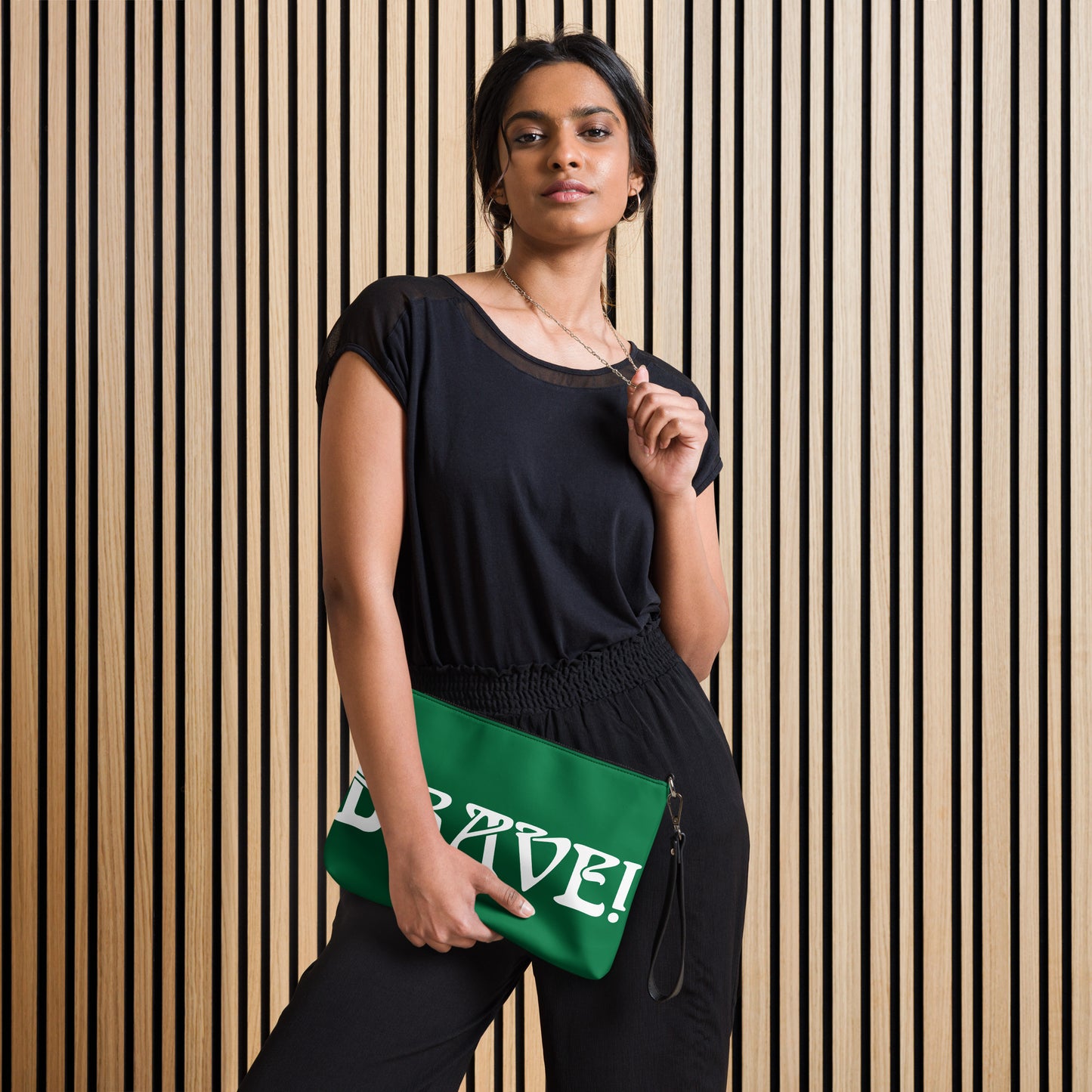 “BRAVE!”Green Crossbody Bag W/White Font