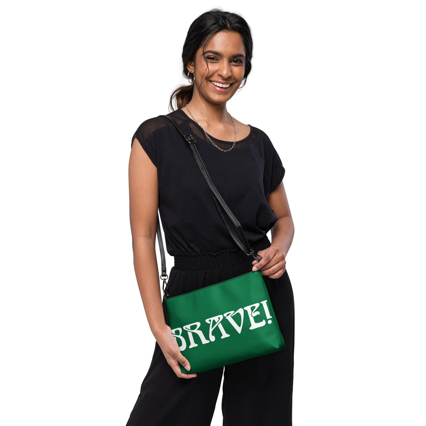 “BRAVE!”Green Crossbody Bag W/White Font