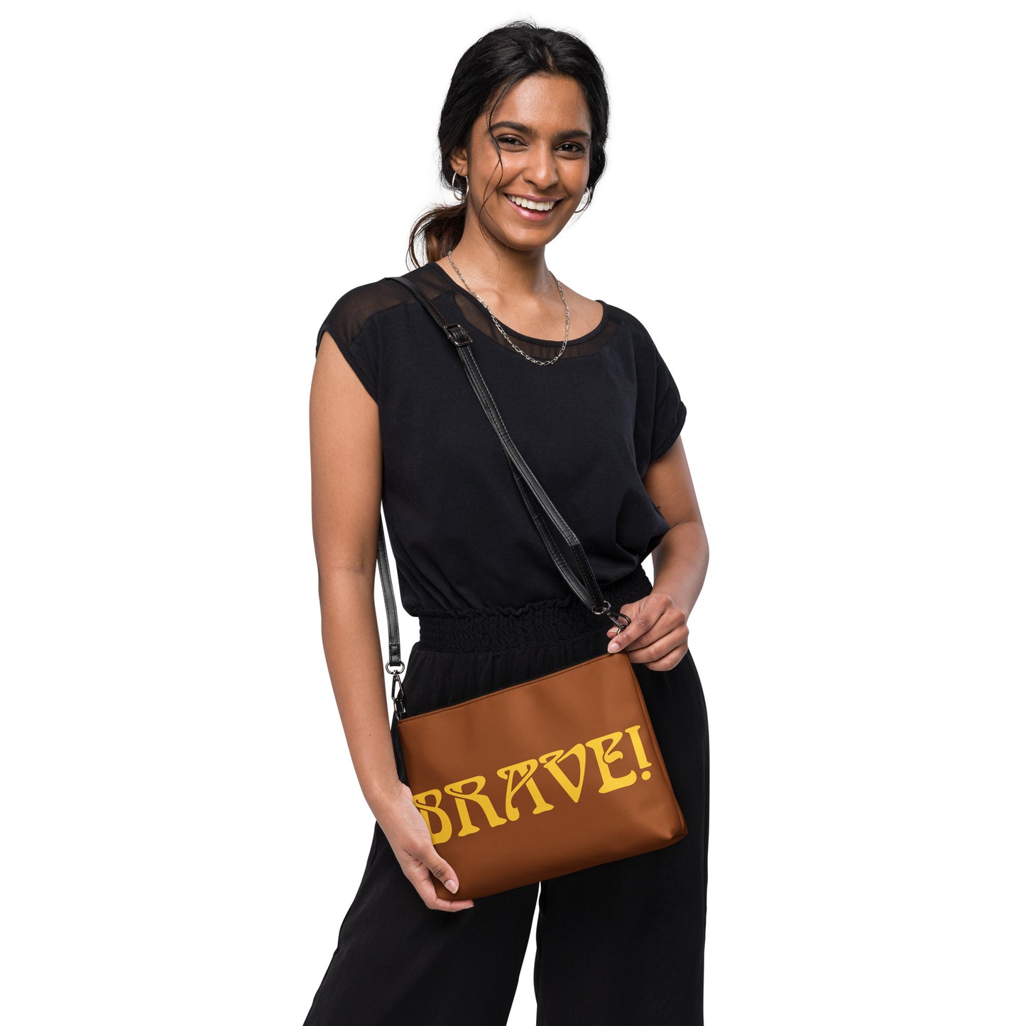 “BRAVE!”Brown Crossbody Bag W/Yellow Font