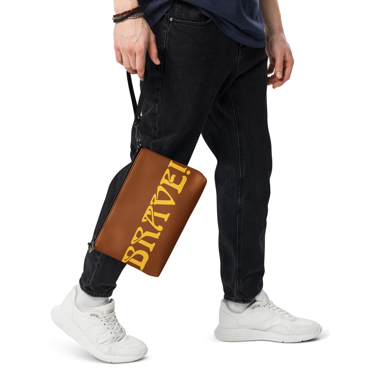 “BRAVE!”Brown Crossbody Bag W/Yellow Font