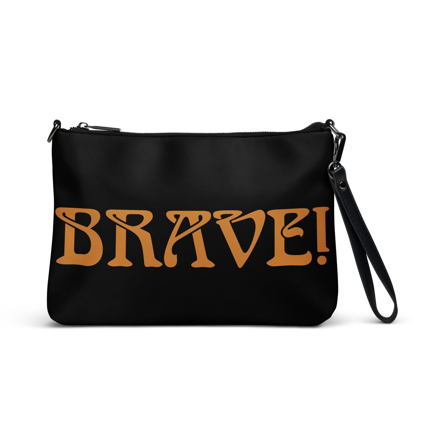 “BRAVE!”Black Crossbody Bag W/Bronze Font