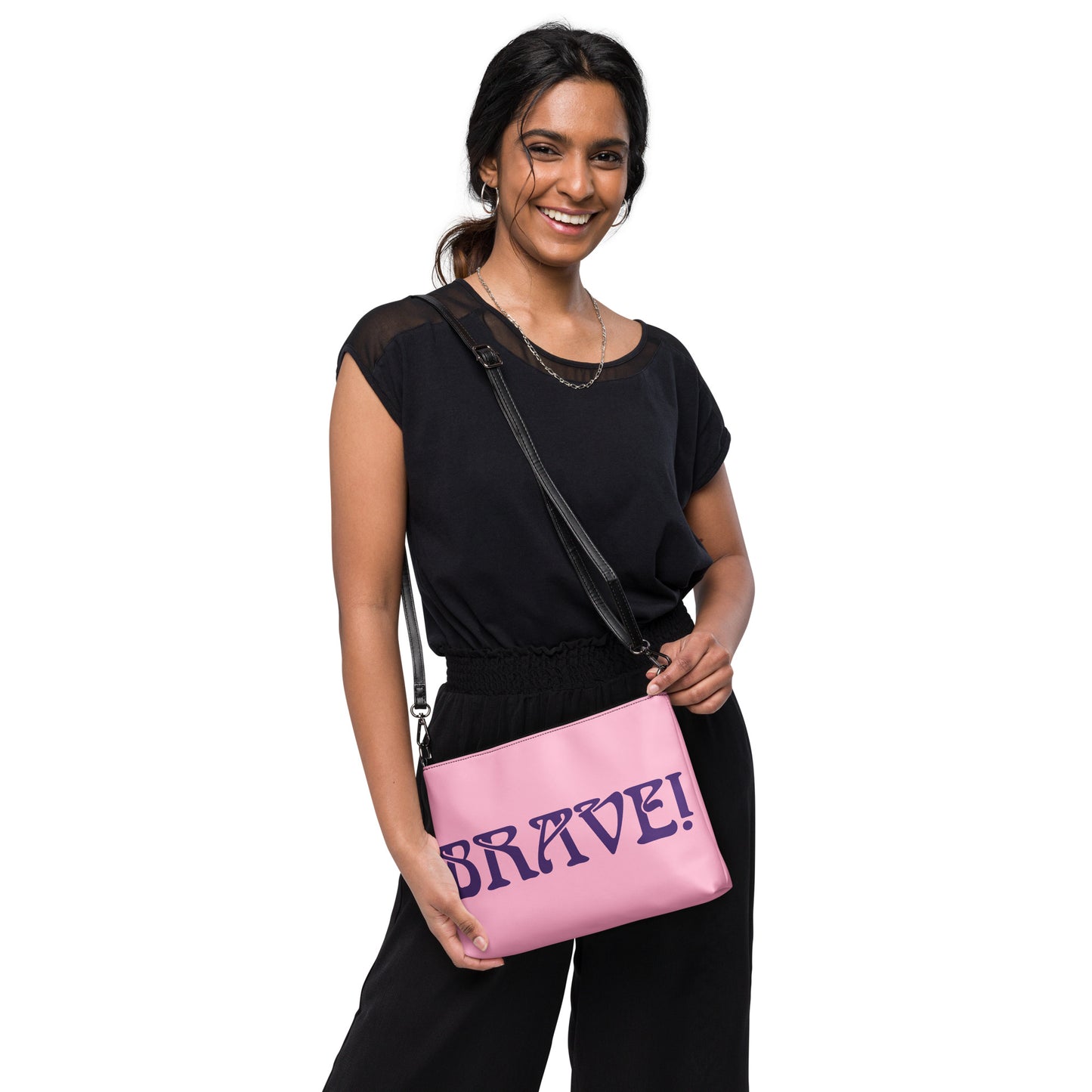 “BRAVE!”Cotton Candy Crossbody Bag W/Purple Font