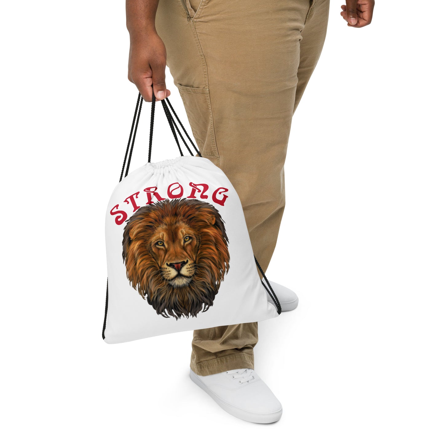 “STRONG”White Drawstring Bag W/Red Font