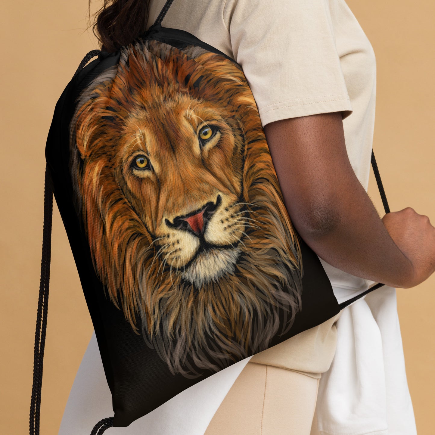 “LION”Black Drawstring Bag