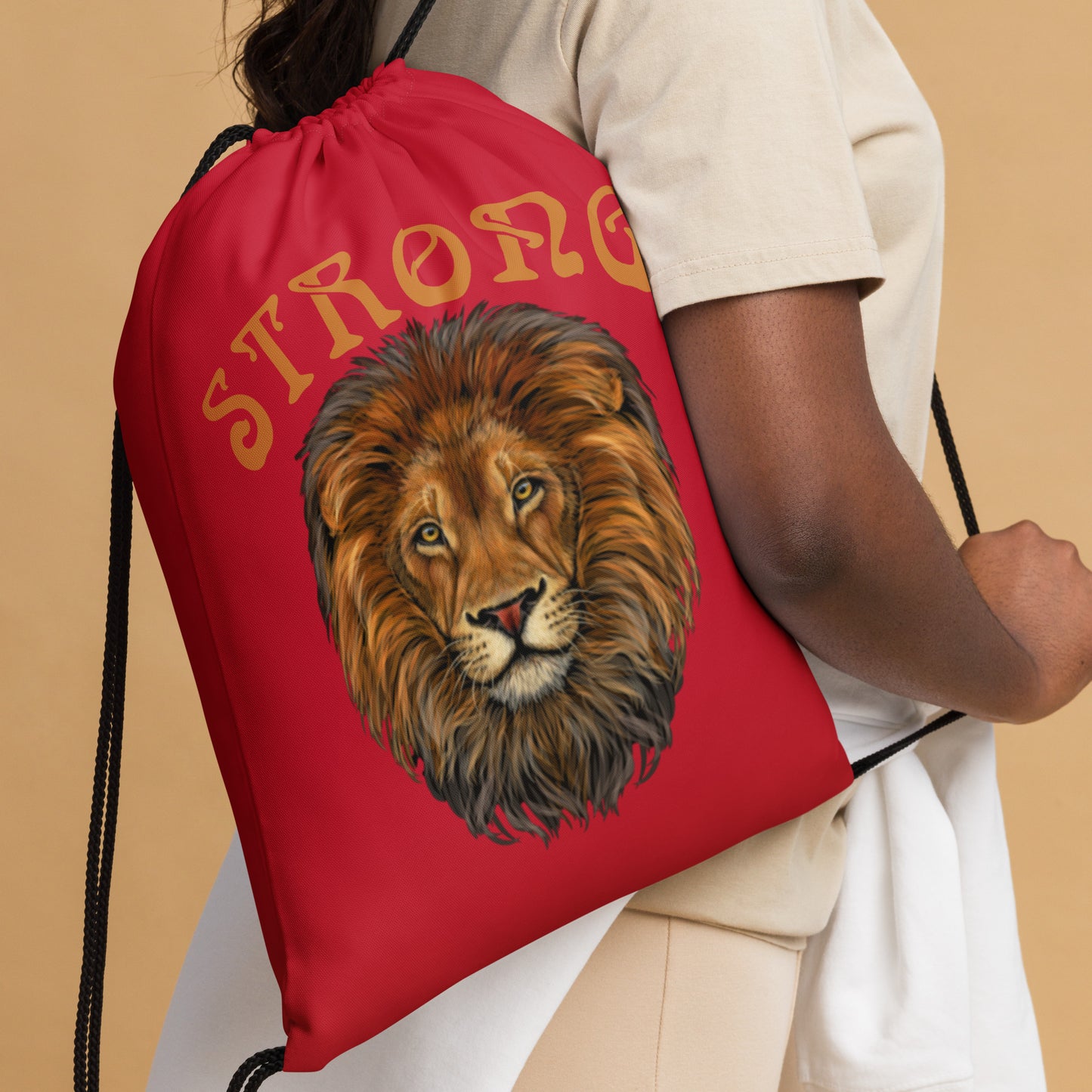 “STRONG”Red Drawstring Bag W/Bronze Font