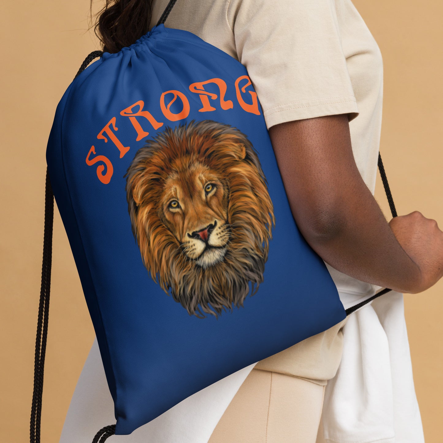 “STRONG”Blue Drawstring Bag W/Orange Font