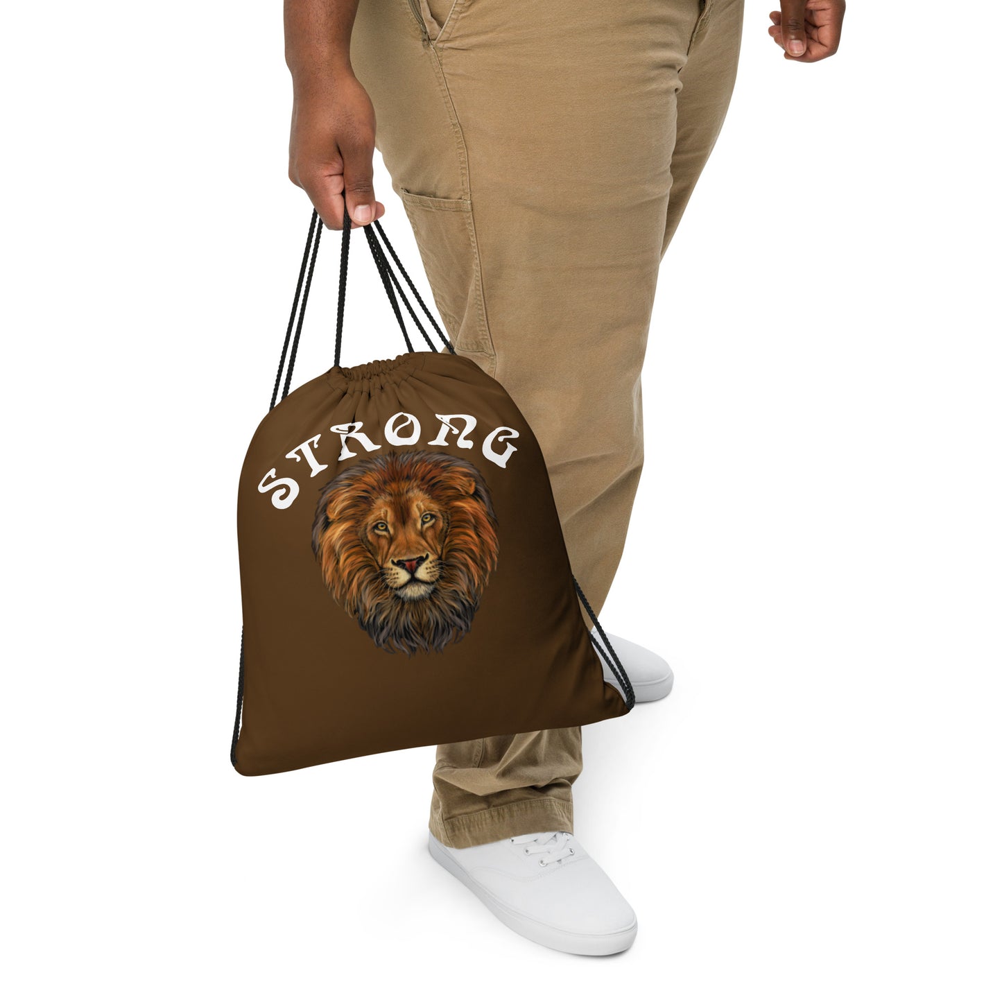 “STRONG”Brown Drawstring Bag W/White Font