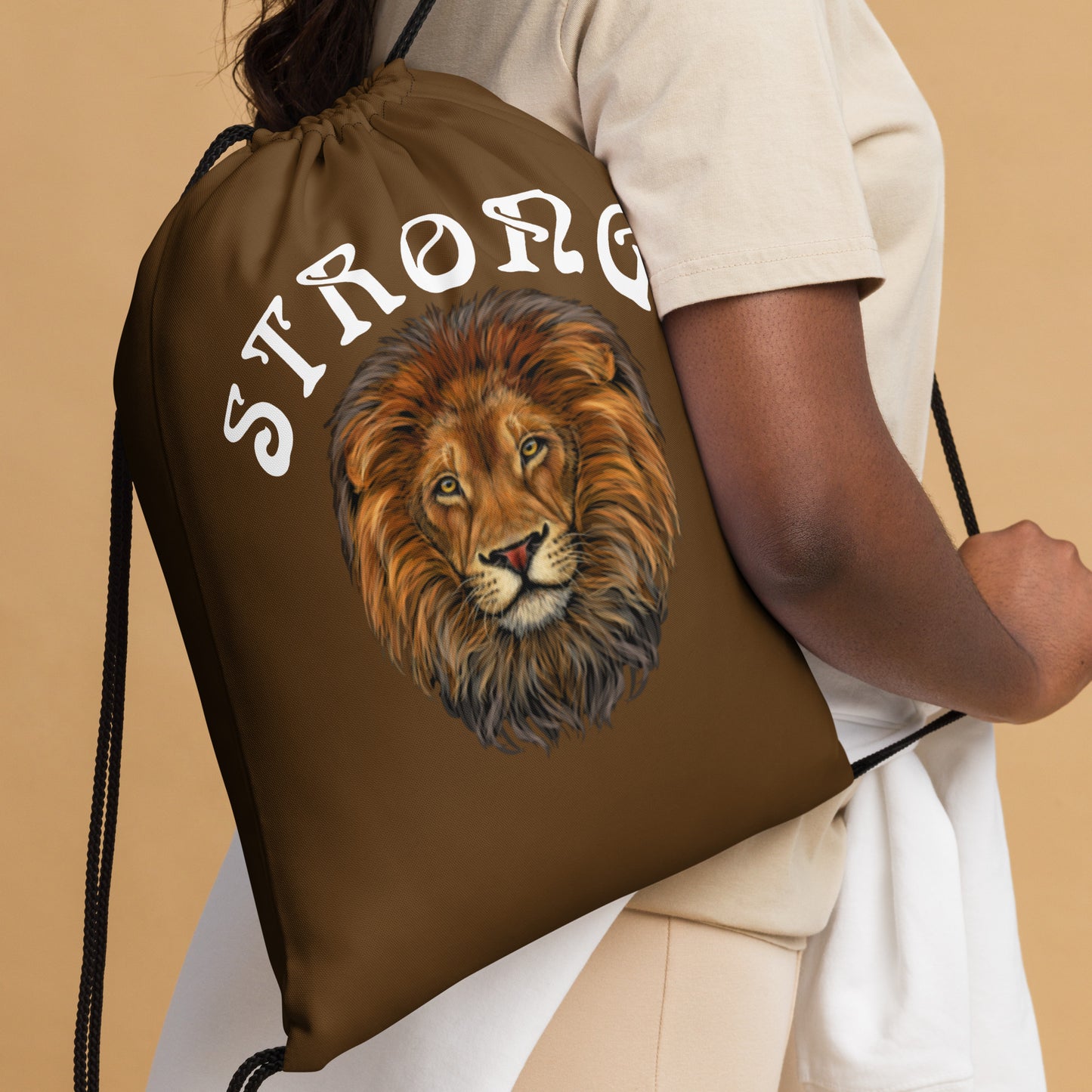 “STRONG”Brown Drawstring Bag W/White Font