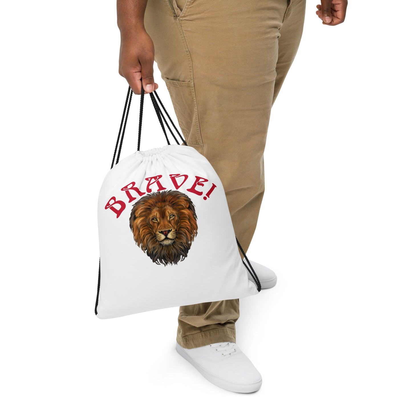 “BRAVE!”White Drawstring Bag W/Red Font