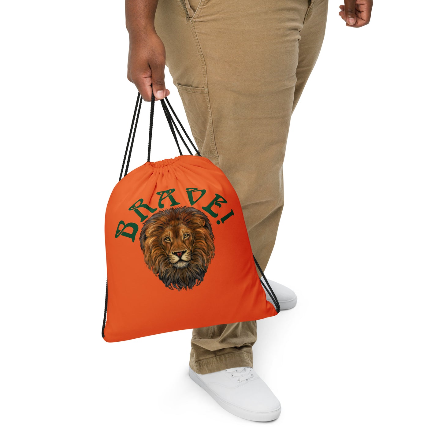 “BRAVE!”Orange Drawstring Bag W/Green Font