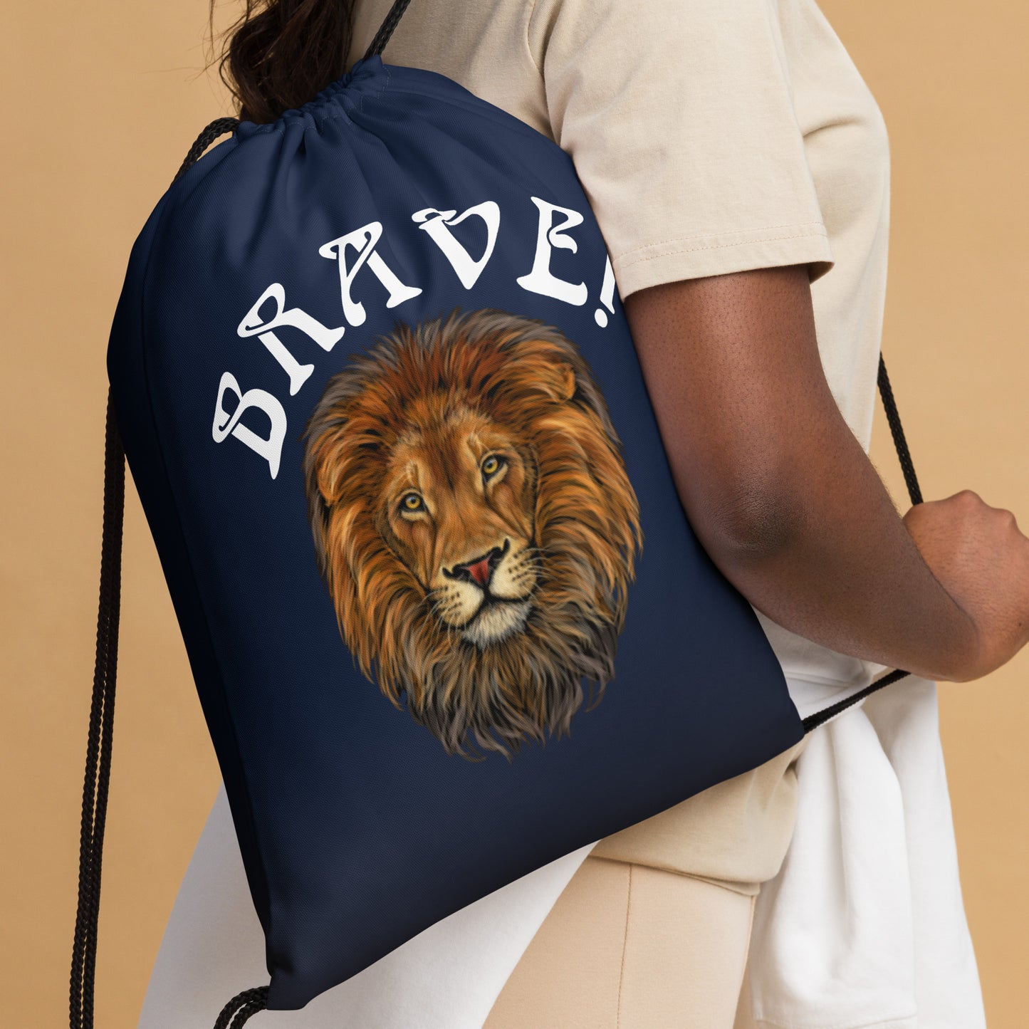 “BRAVE!”Navy Drawstring Bag W/White Font