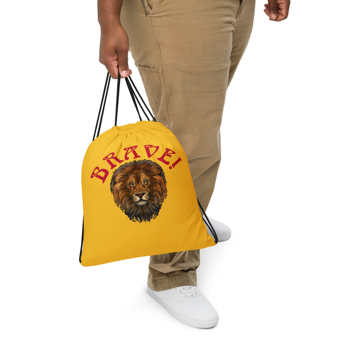 “BRAVE!”Yellow Drawstring Bag W/Red Font