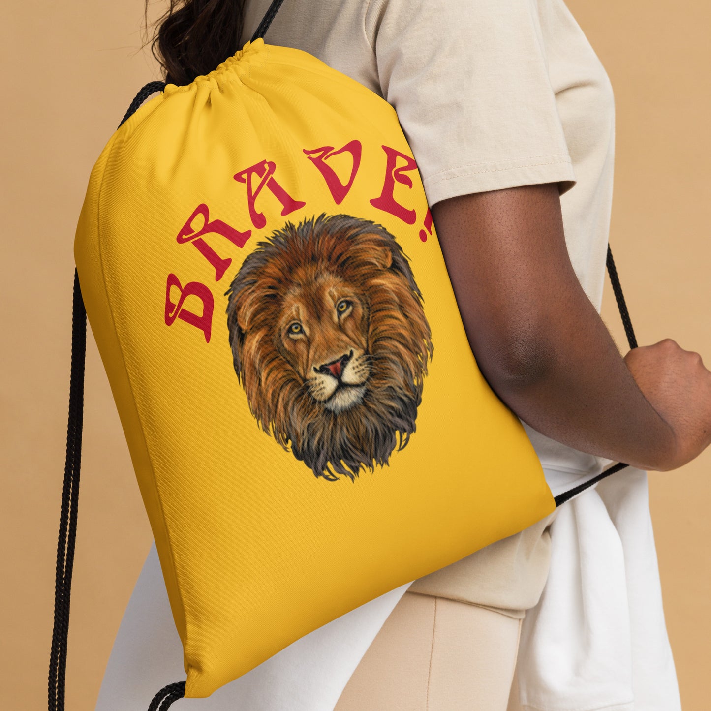 “BRAVE!”Yellow Drawstring Bag W/Red Font