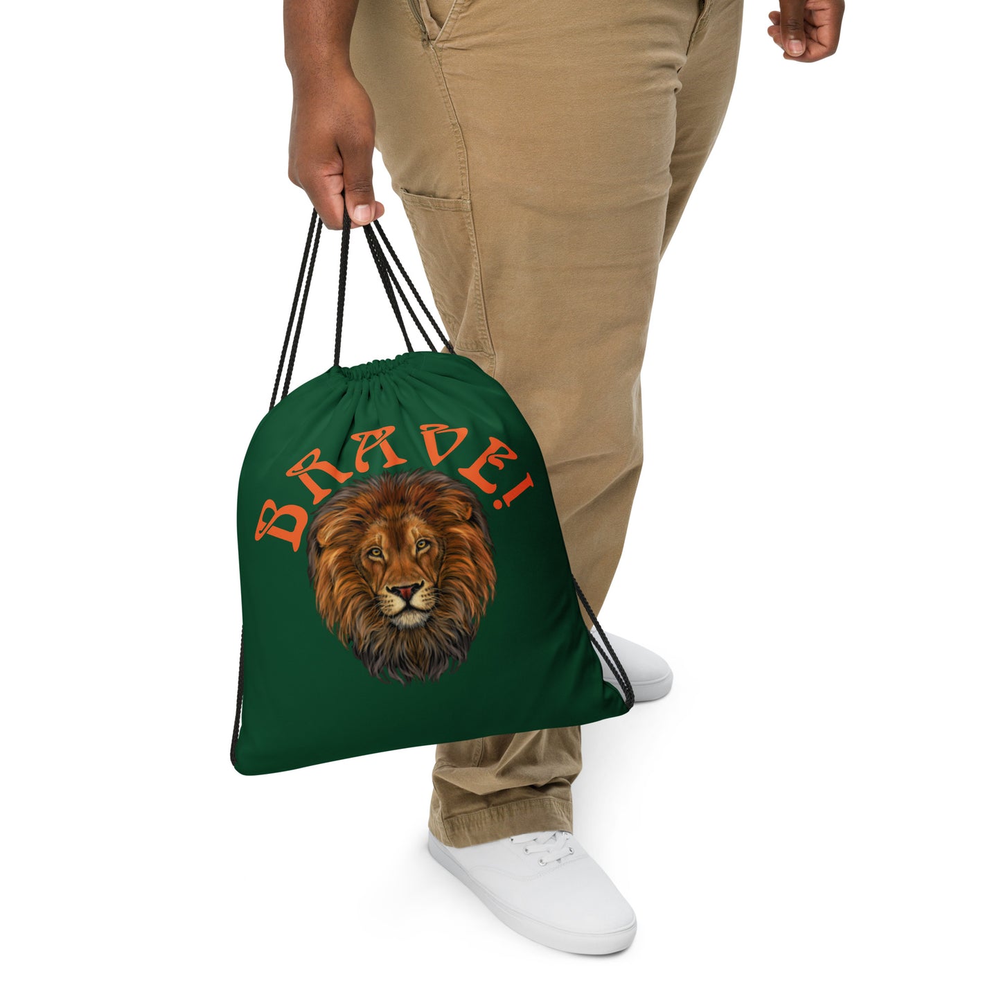 “BRAVE!”Green Drawstring Bag W/Orange Font