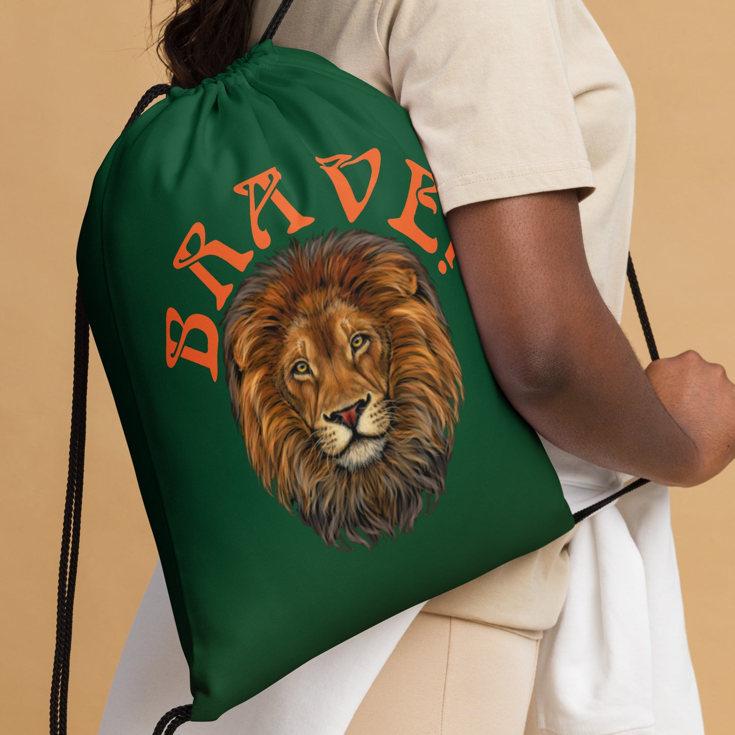 “BRAVE!”Green Drawstring Bag W/Orange Font