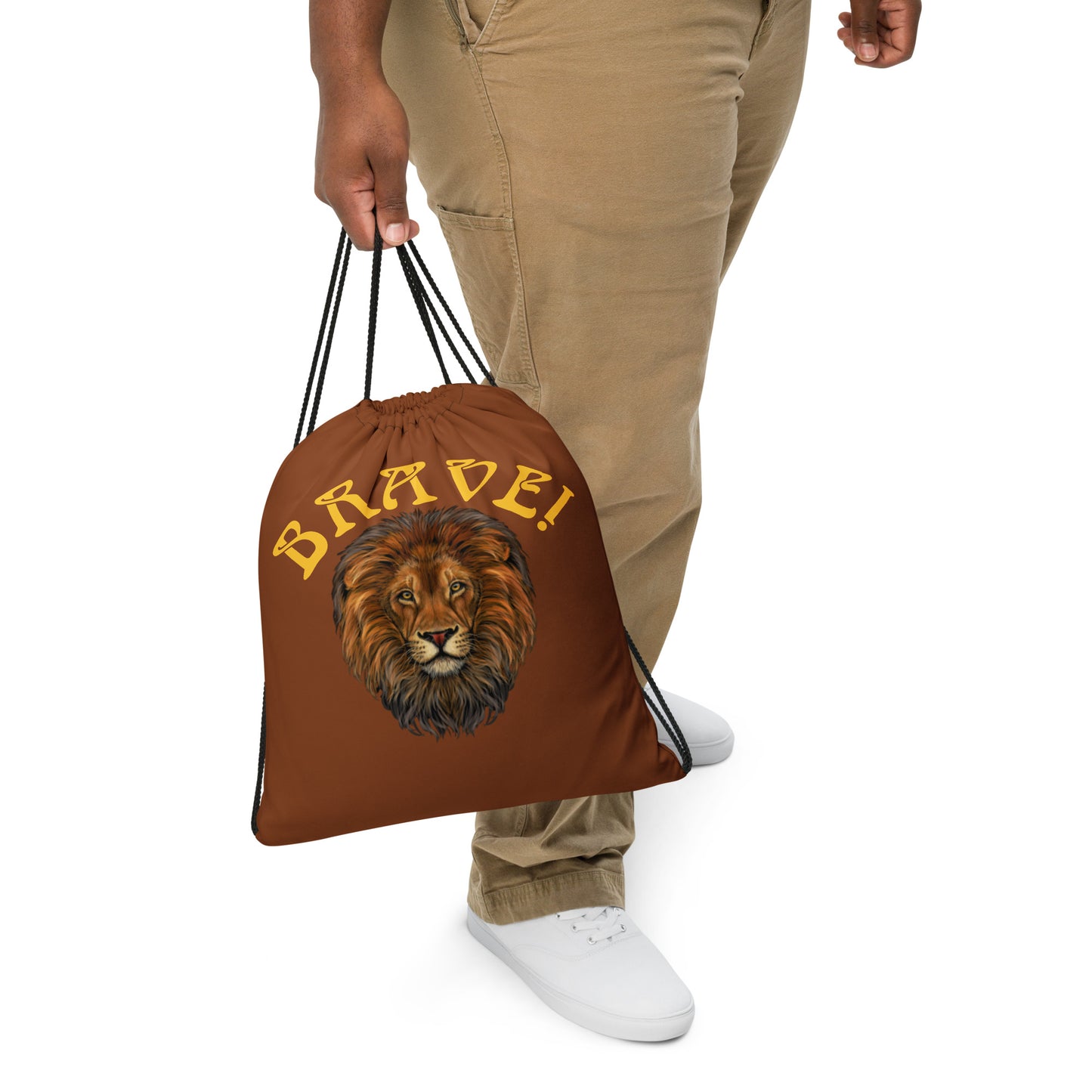 “BRAVE!”Brown Drawstring Bag W/Yellow Font