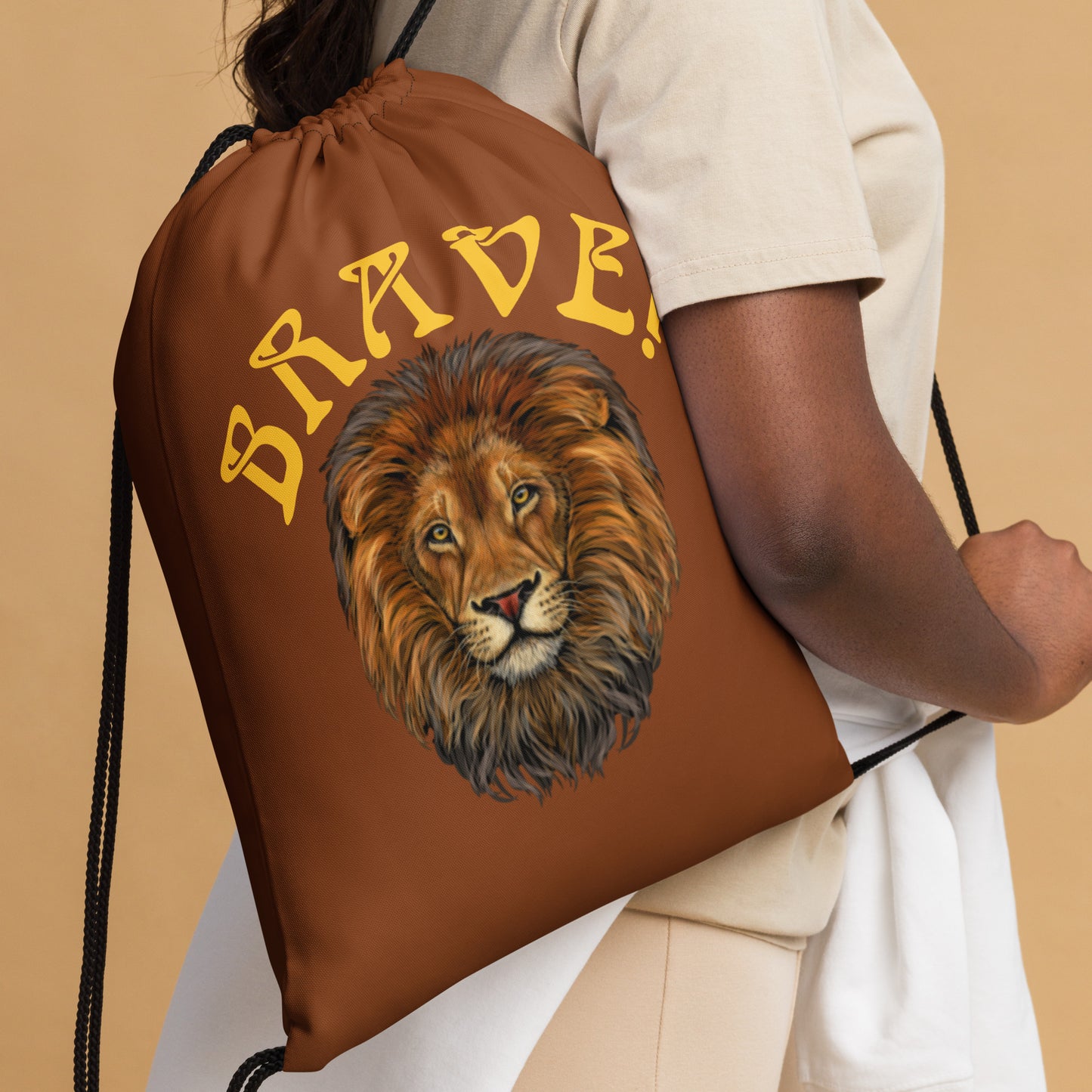 “BRAVE!”Brown Drawstring Bag W/Yellow Font