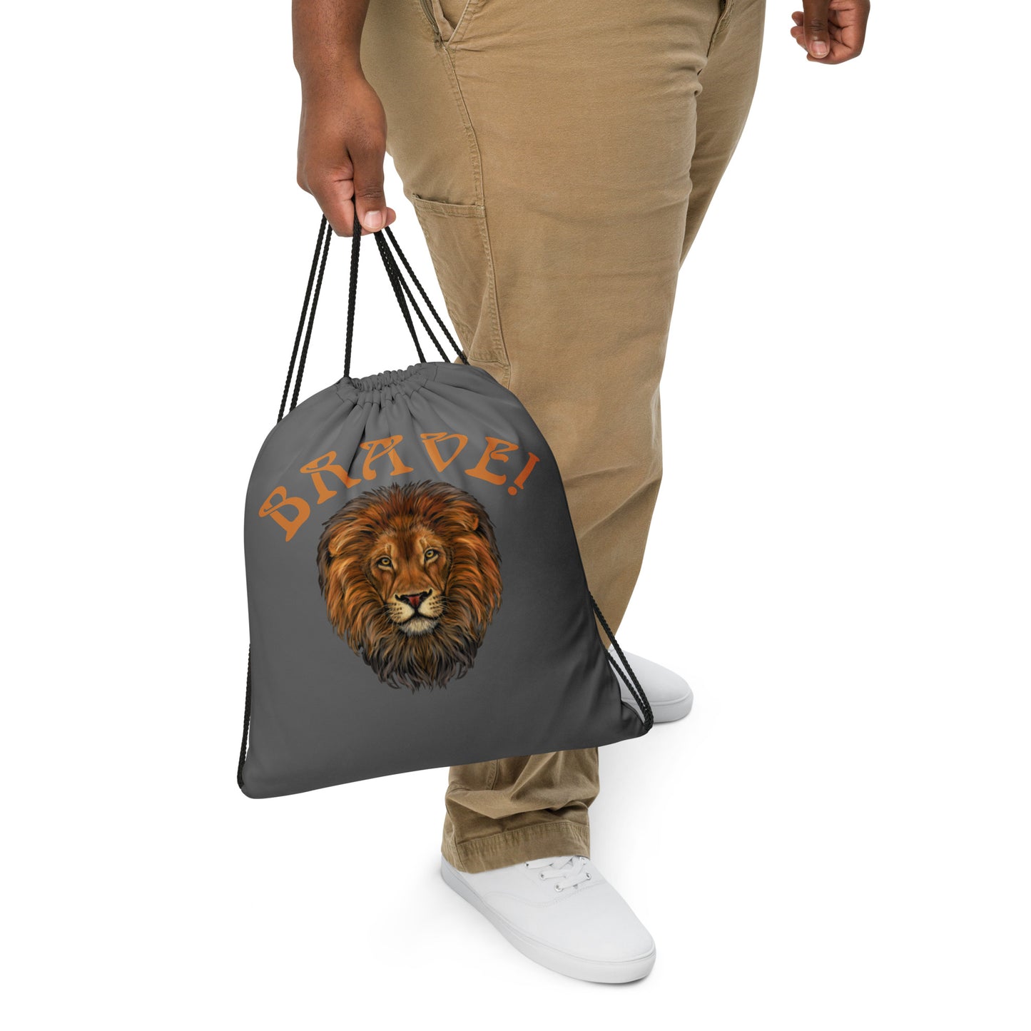 “BRAVE!”Grey Drawstring Bag W/Bronze Font