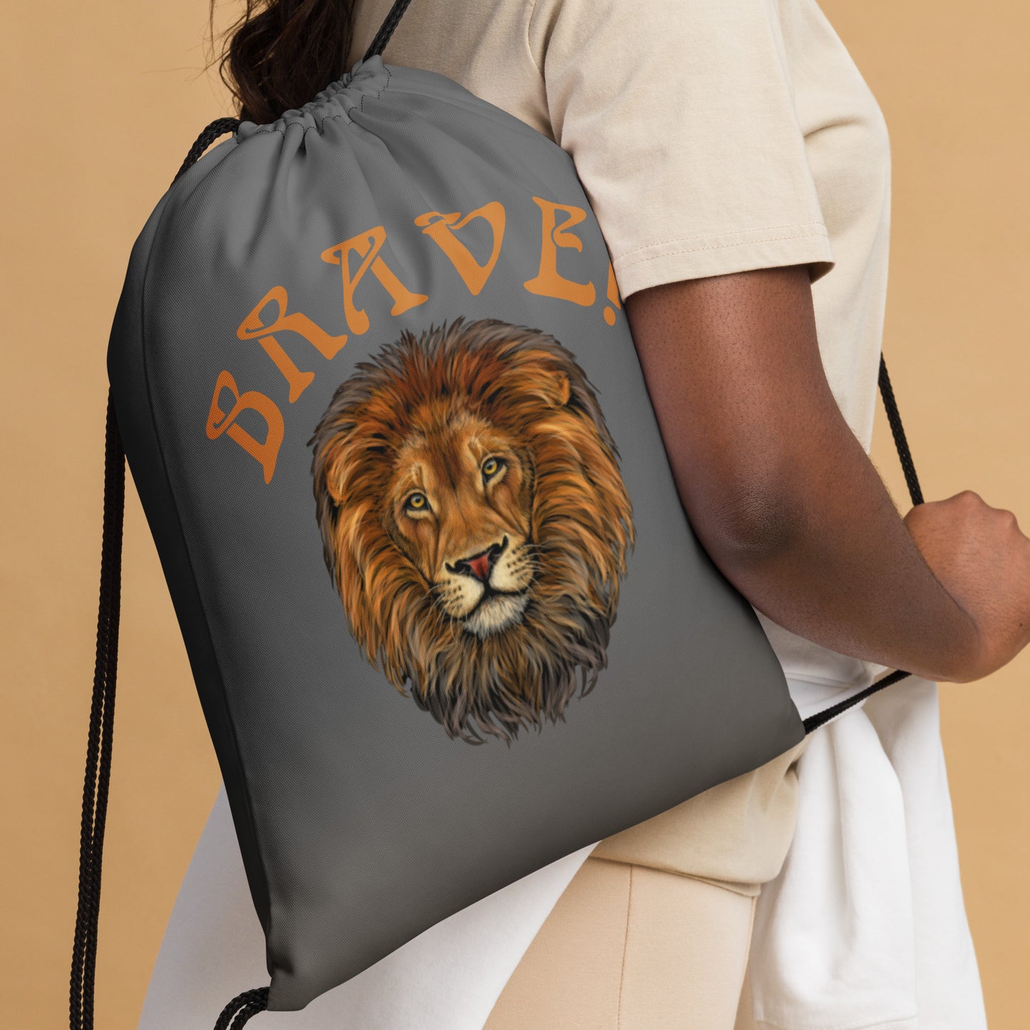 “BRAVE!”Grey Drawstring Bag W/Bronze Font