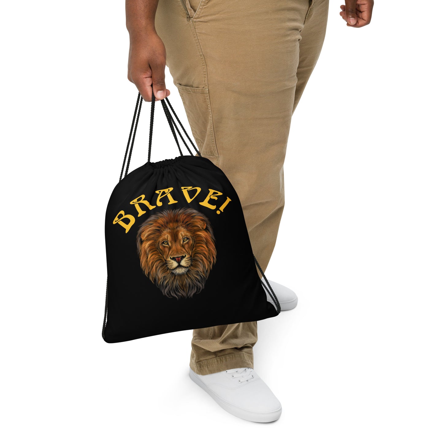 “BRAVE!”Black Drawstring Bag W/Yellow Font