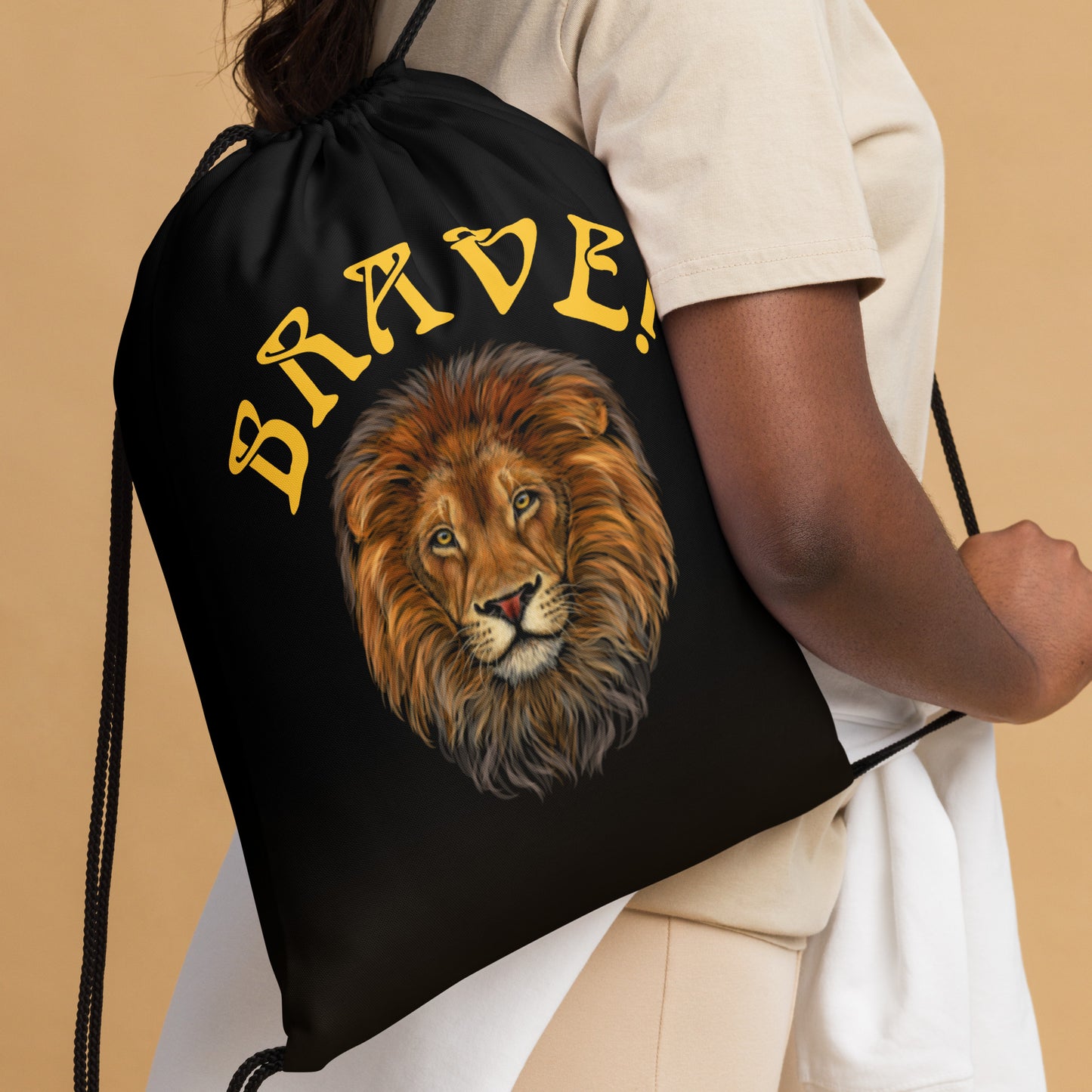 “BRAVE!”Black Drawstring Bag W/Yellow Font