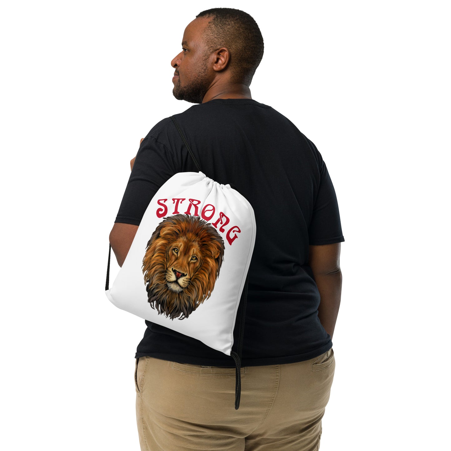 “STRONG”White Drawstring Bag W/Red Font