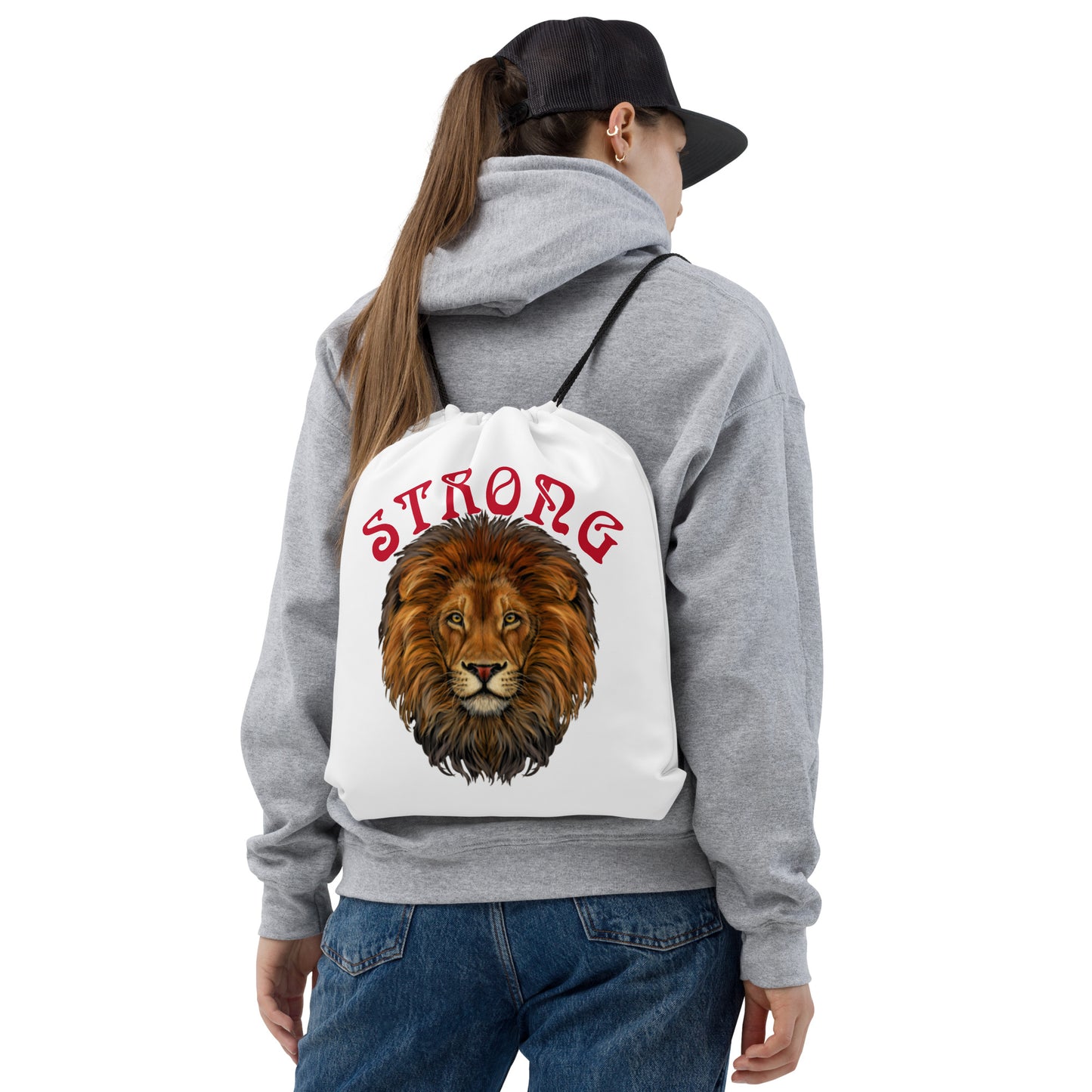 “STRONG”White Drawstring Bag W/Red Font