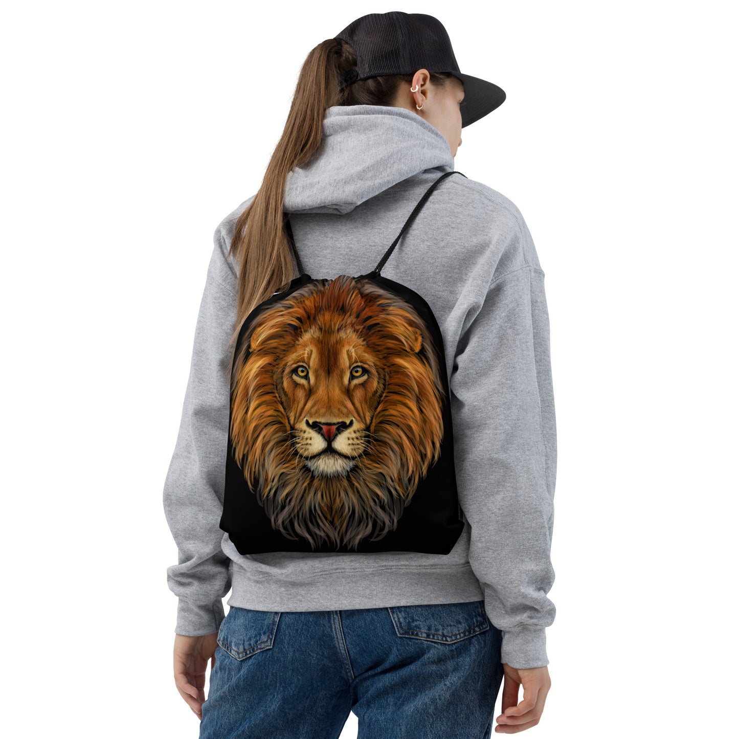 “LION”Black Drawstring Bag