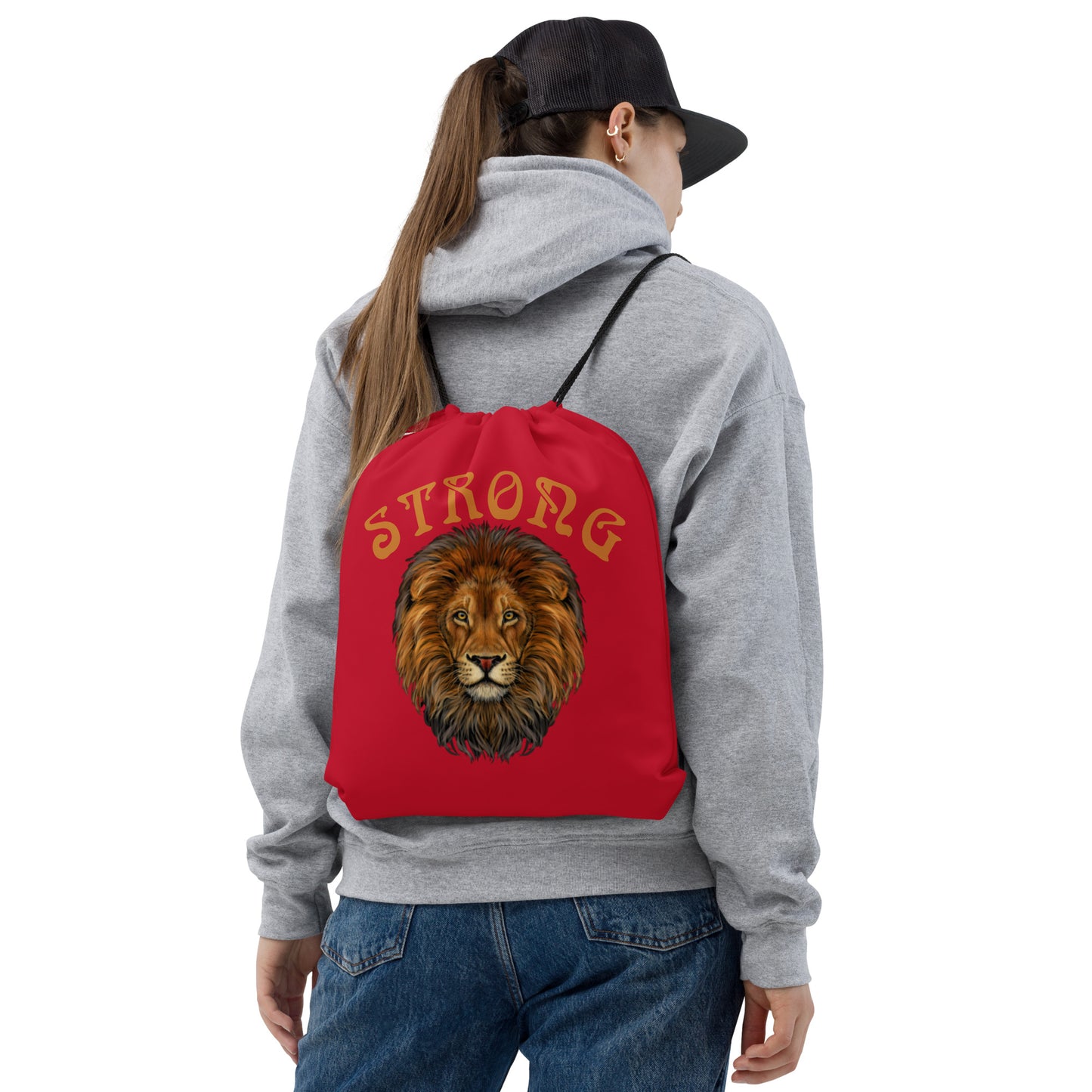 “STRONG”Red Drawstring Bag W/Bronze Font