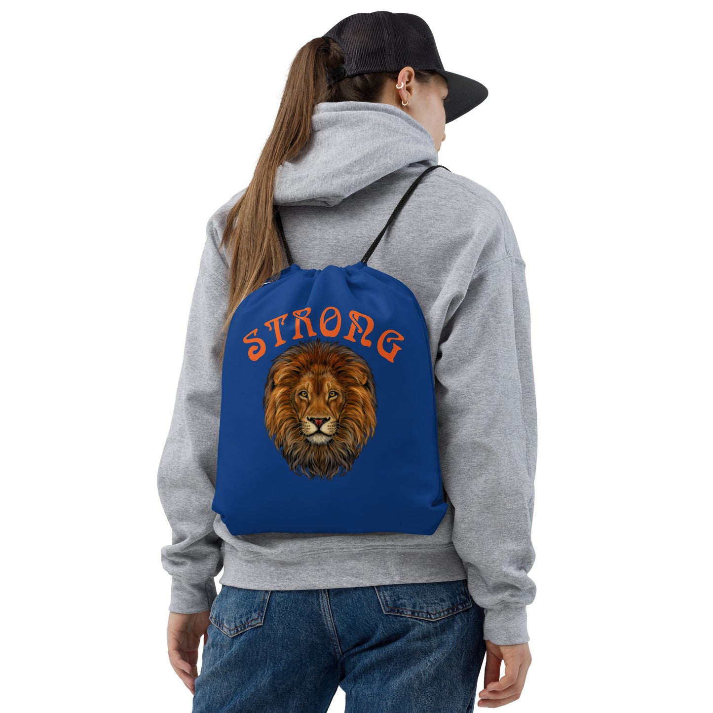 “STRONG”Blue Drawstring Bag W/Orange Font