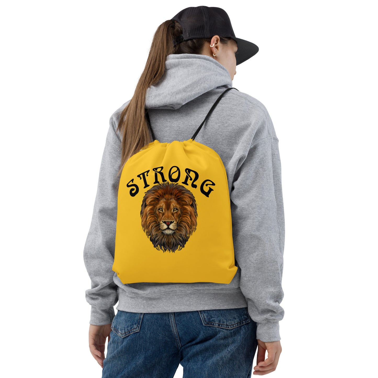 “STRONG”Yellow Drawstring Bag W/Black Font