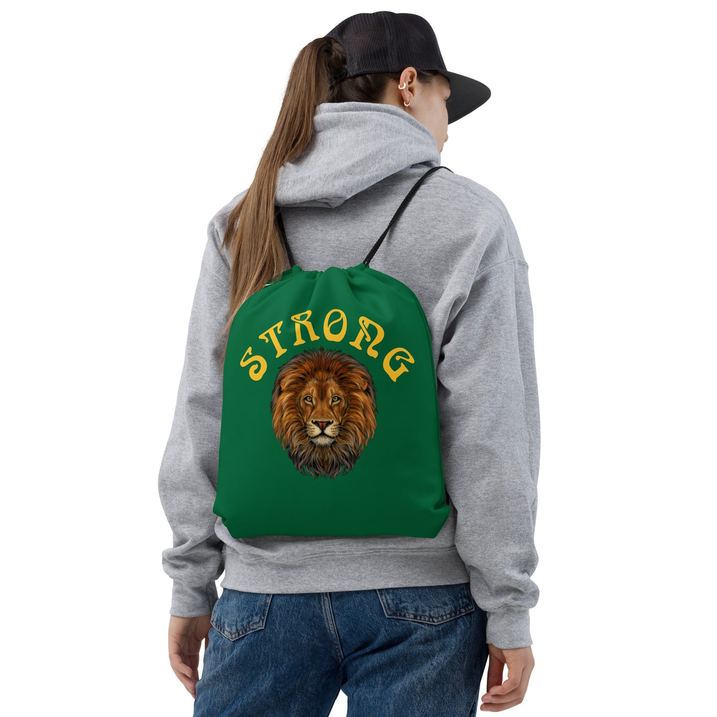 “STRONG”Green Drawstring Bag W/Yellow Font
