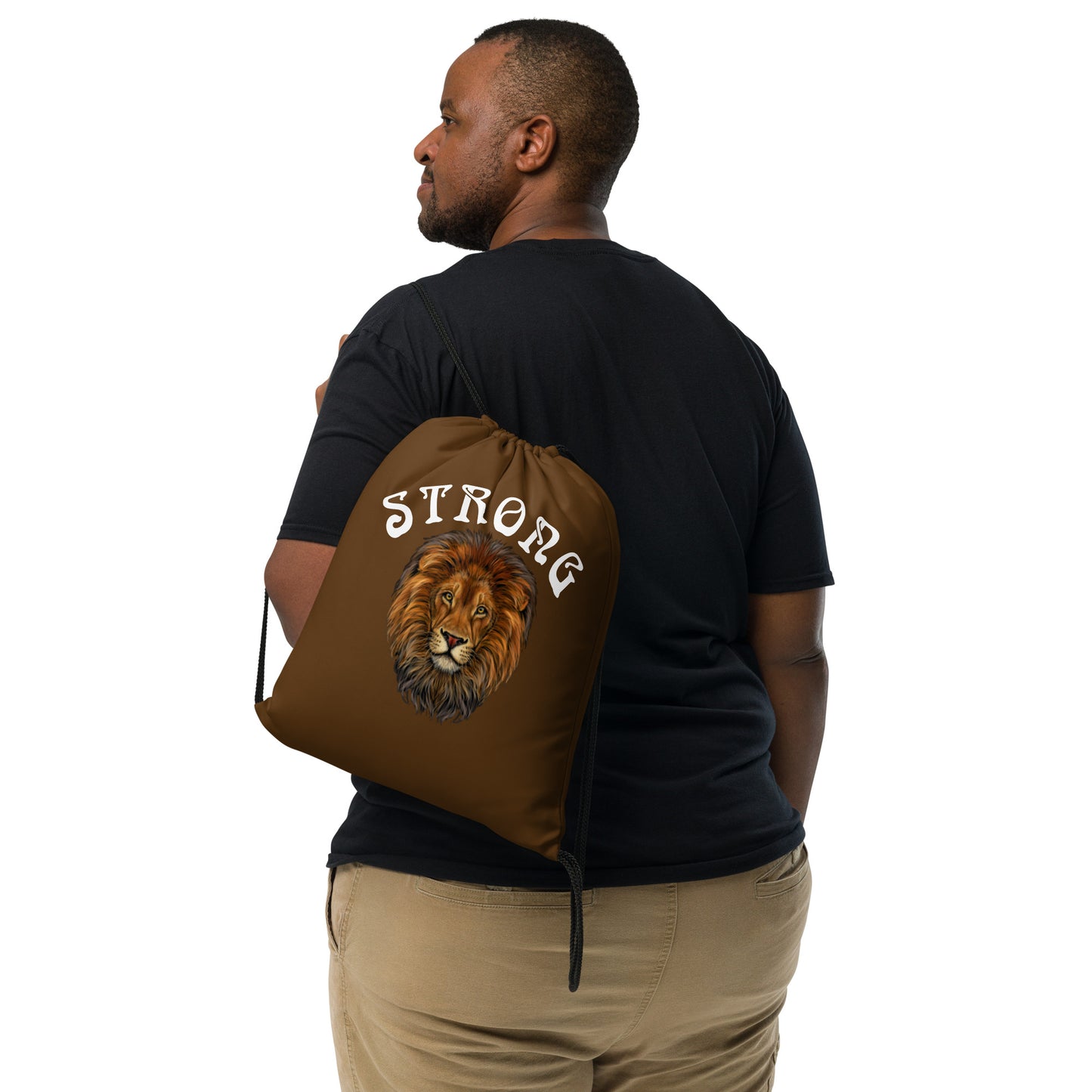 “STRONG”Brown Drawstring Bag W/White Font
