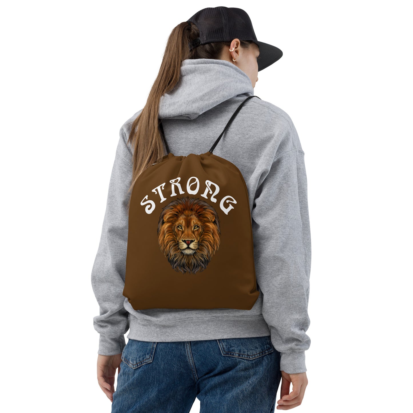 “STRONG”Brown Drawstring Bag W/White Font