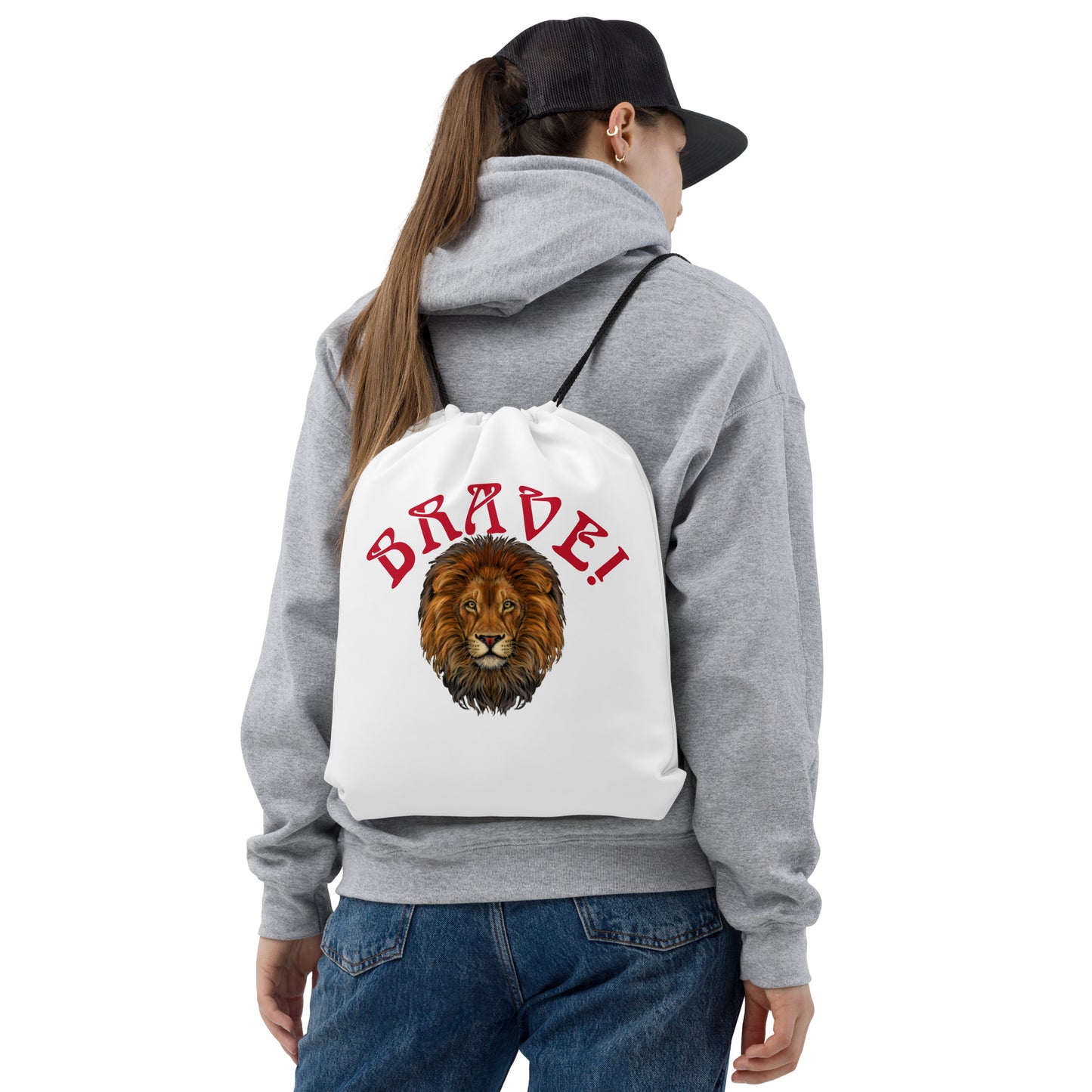 “BRAVE!”White Drawstring Bag W/Red Font