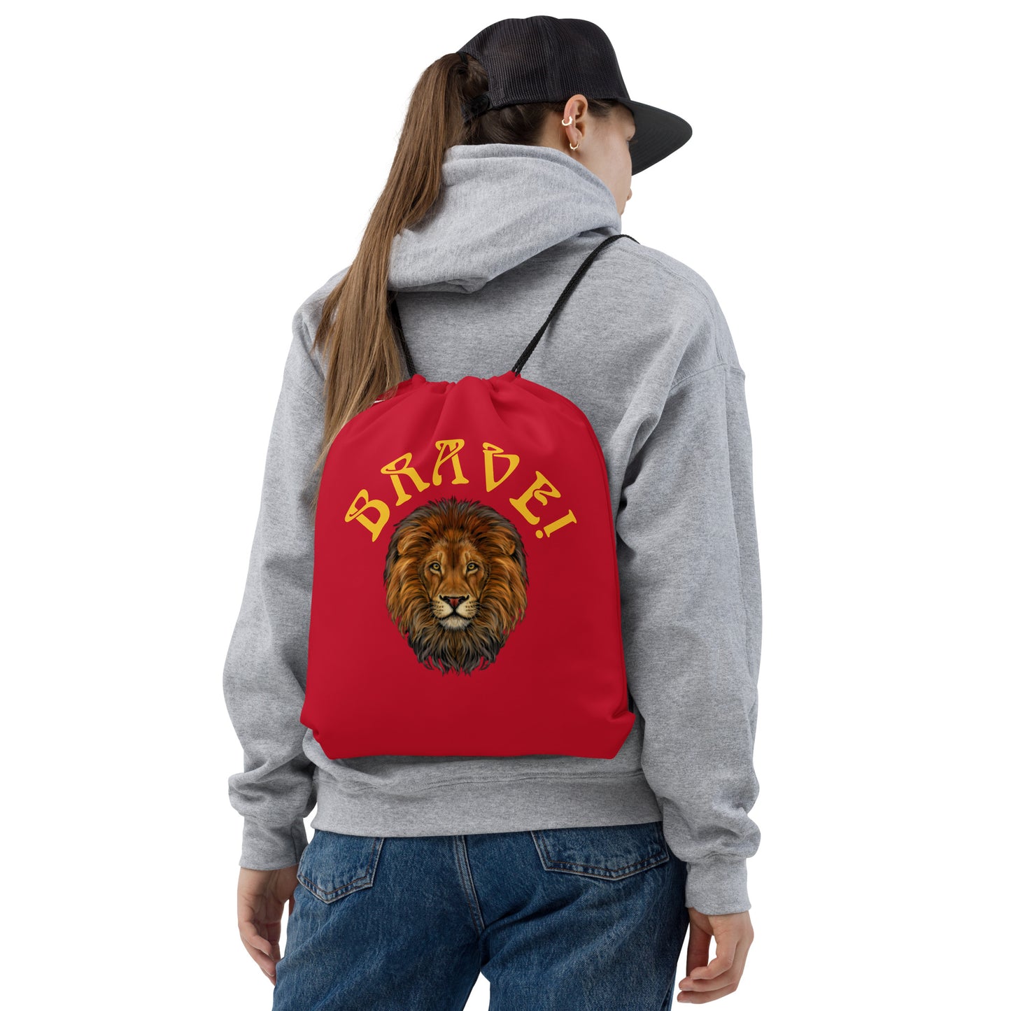 “BRAVE!”Red Drawstring Bag W/Yellow Font