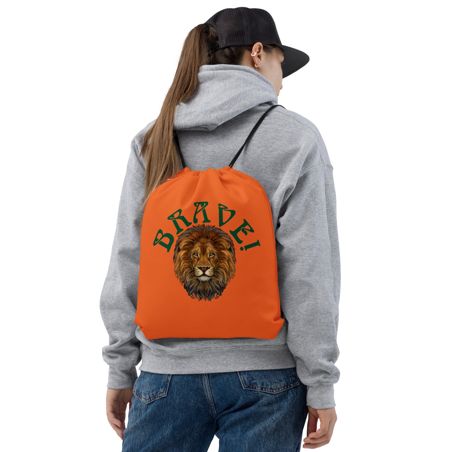 “BRAVE!”Orange Drawstring Bag W/Green Font