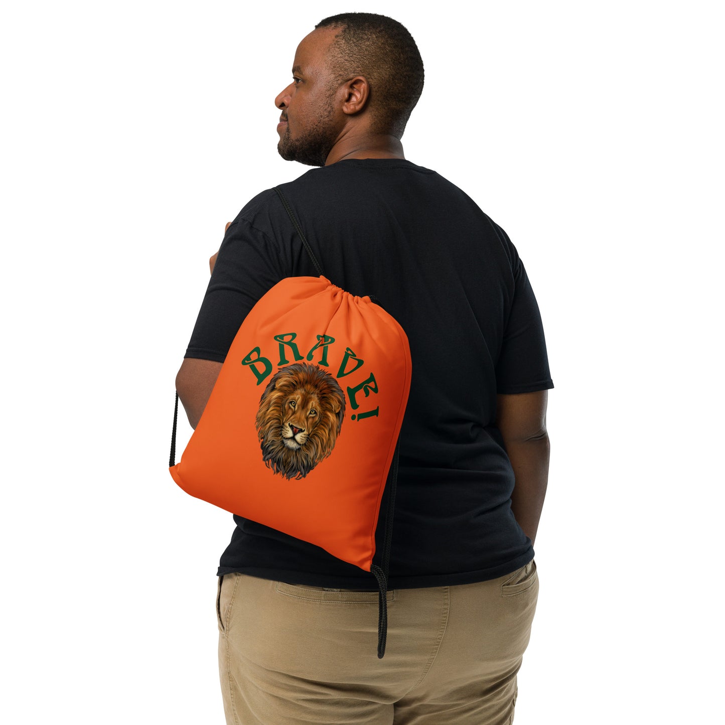 “BRAVE!”Orange Drawstring Bag W/Green Font