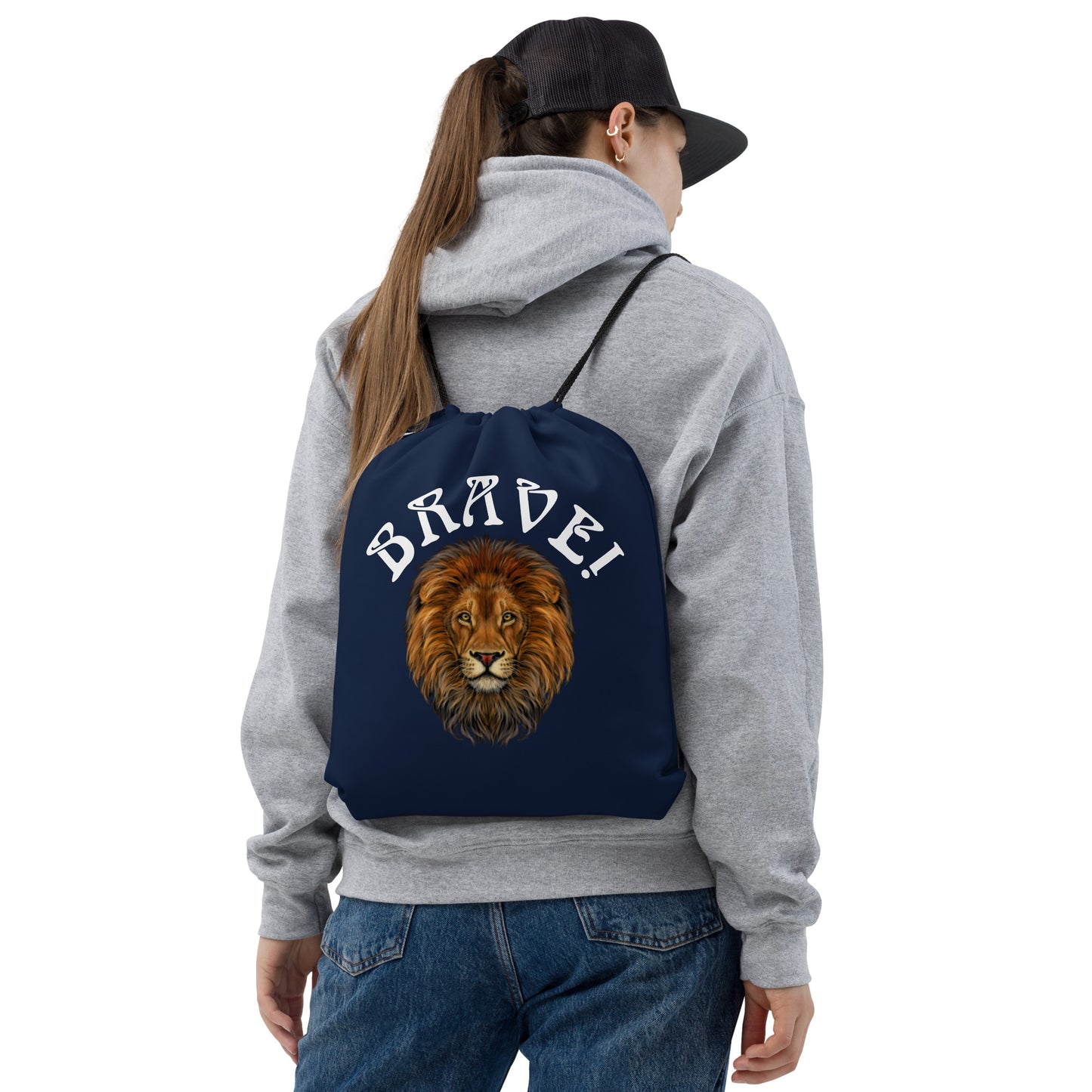 “BRAVE!”Navy Drawstring Bag W/White Font